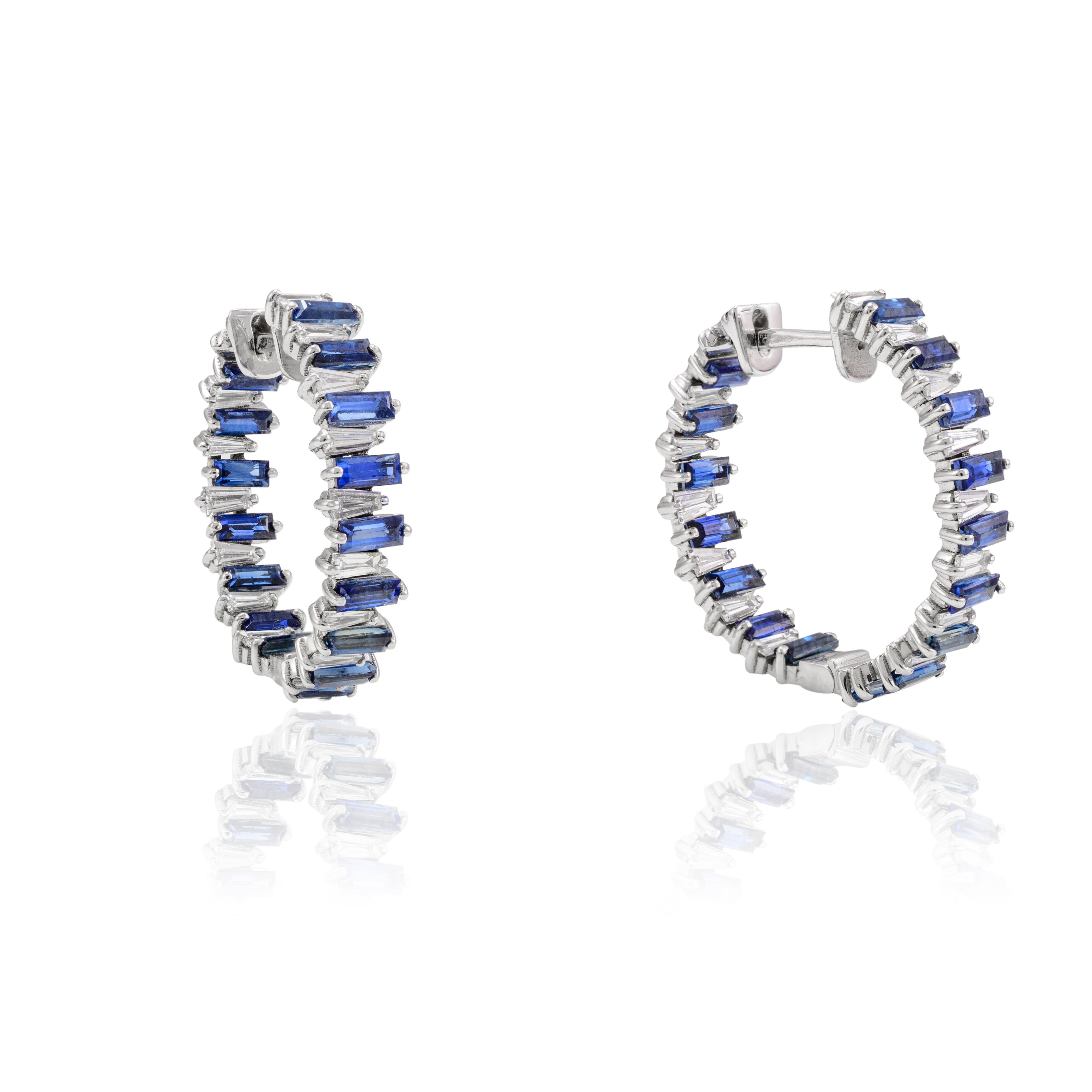 14k Solid White Gold Blue Sapphire and Diamond Hoop Earrings, Gift For Christmas For Sale 2