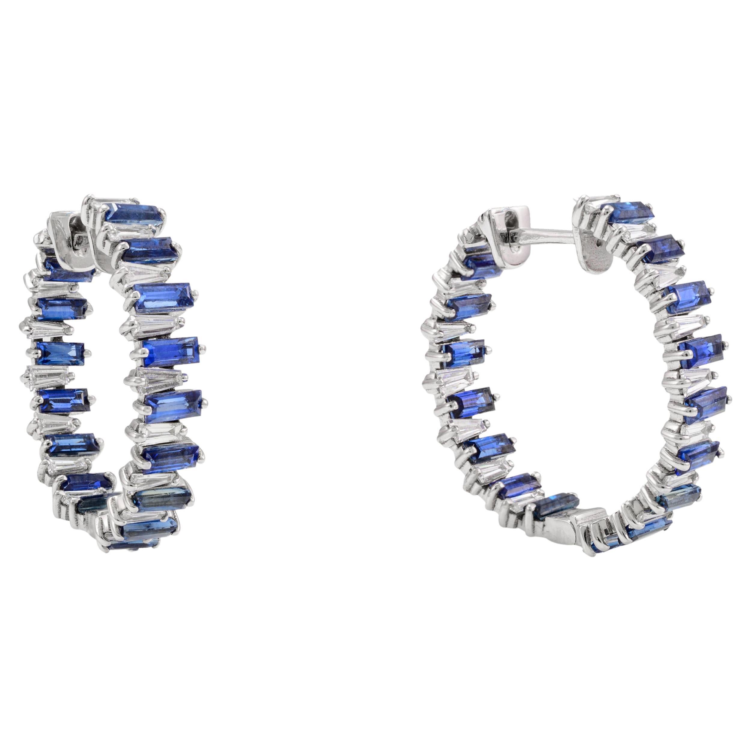 14k Solid White Gold Blue Sapphire and Diamond Hoop Earrings, Gift For Christmas