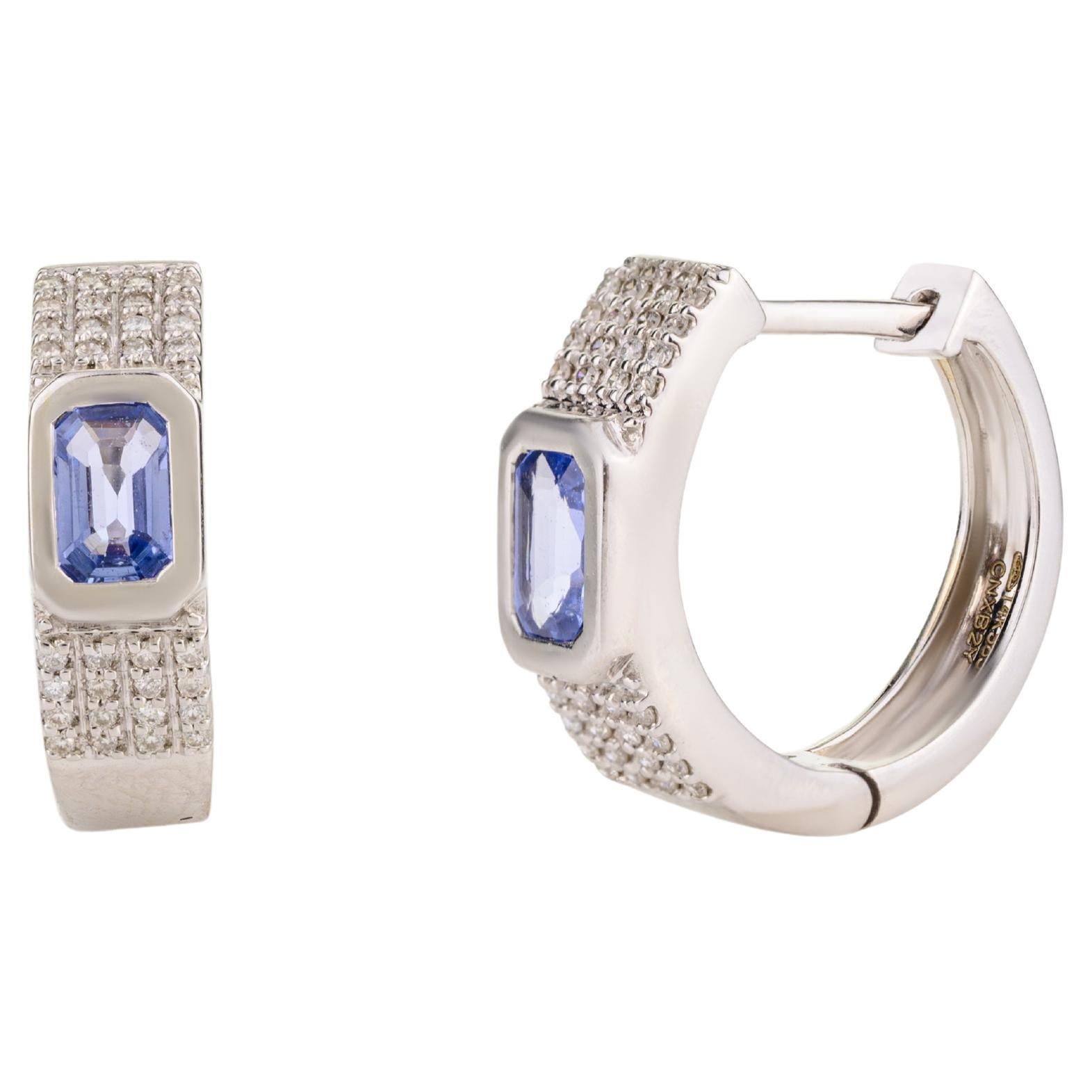 Everyday 14k White Gold Blue Sapphire and Diamond Huggie Hoop Earrings Gift For Sale