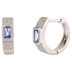 Everyday 14k White Gold Blue Sapphire and Diamond Huggie Hoop Earrings Gift