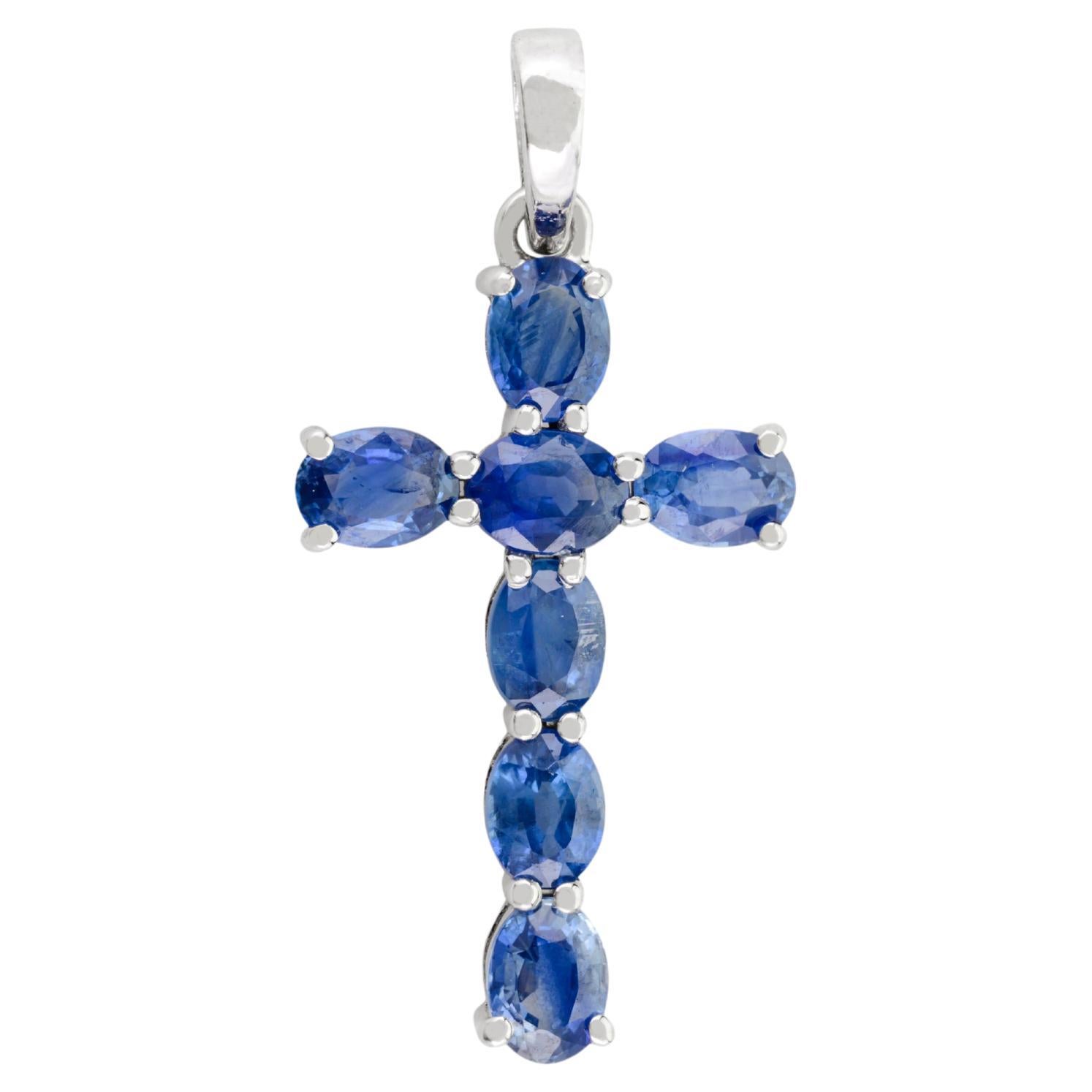 14K Solid White Gold Blue Sapphire Cross Pendant – A Symbol of Faith & Elegance