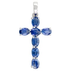 14K Solid White Gold Blue Sapphire Cross Pendant – A Symbol of Faith & Elegance