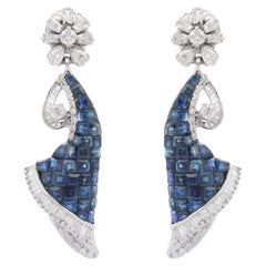 14K Solid White Gold Blue Sapphire Designer Diamond Dangle Earrings 