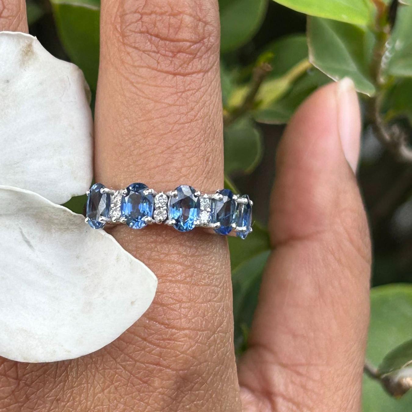 For Sale:  14k Solid White Gold Diamond and Blue Sapphire Engagement Women Band Ring 8