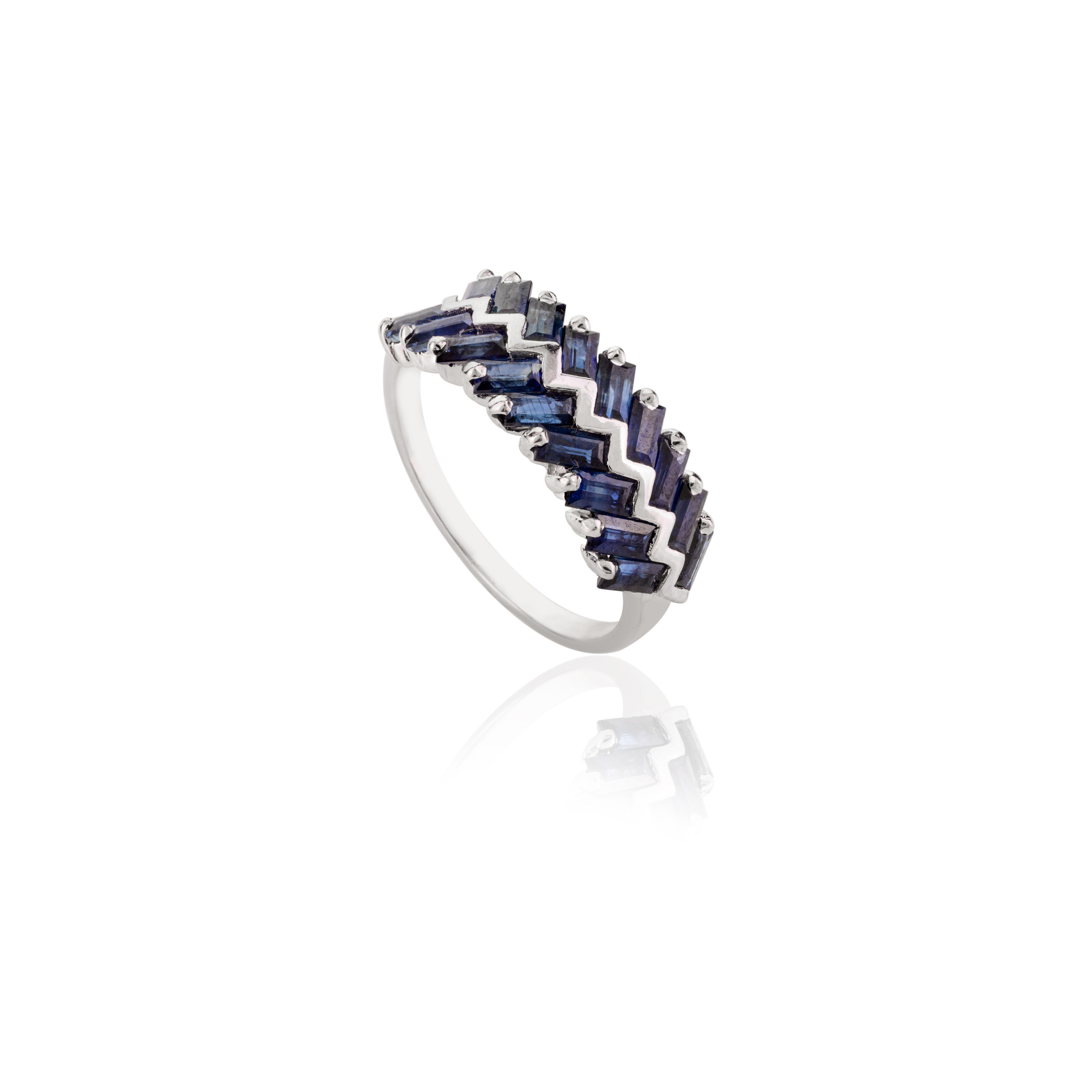 For Sale:  14k Solid White Gold Blue Sapphire Zig Zag Wedding Band Ring for Women 4
