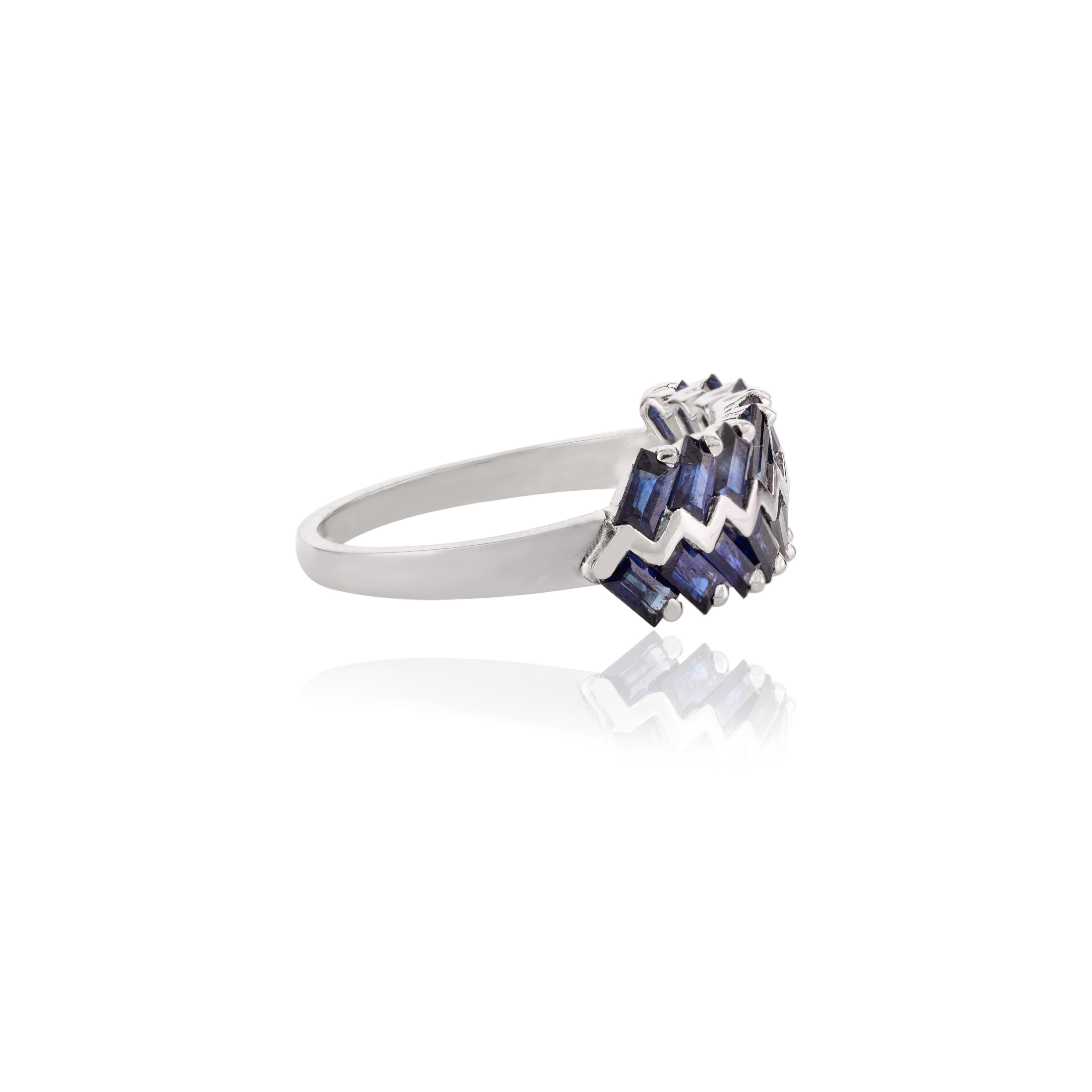For Sale:  14k Solid White Gold Blue Sapphire Zig Zag Wedding Band Ring for Women 6