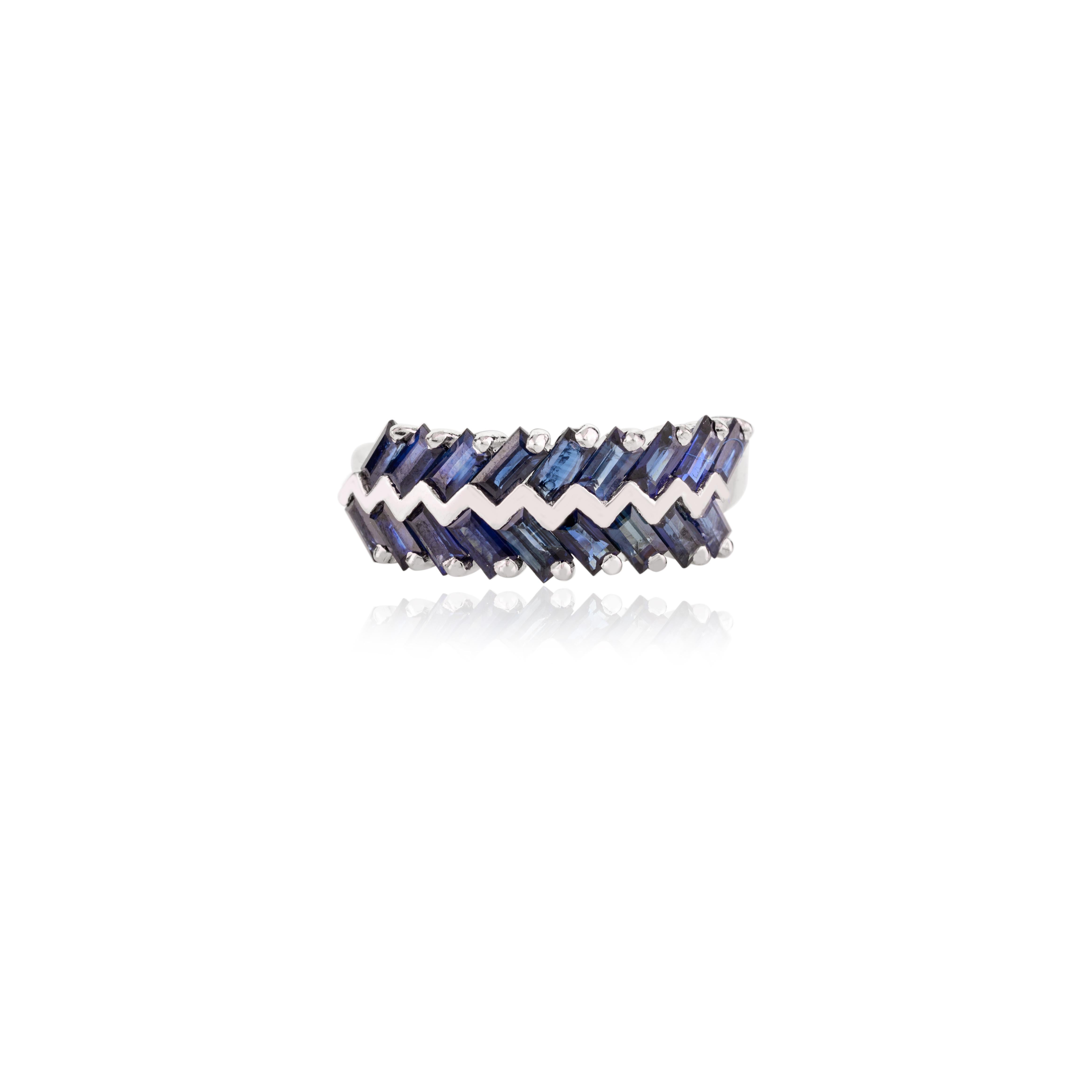 For Sale:  14k Solid White Gold Blue Sapphire Zig Zag Wedding Band Ring for Women 7