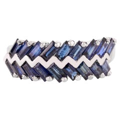 14k Solid White Gold Blue Sapphire Zig Zag Wedding Band Ring for Women