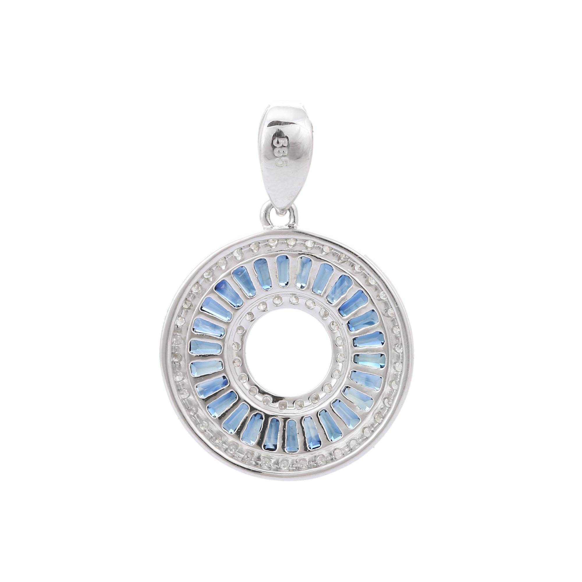 Baguette Cut 14K Solid White Gold Circle Designer 1.12 Ct Blue Sapphire and Diamond Pendant For Sale