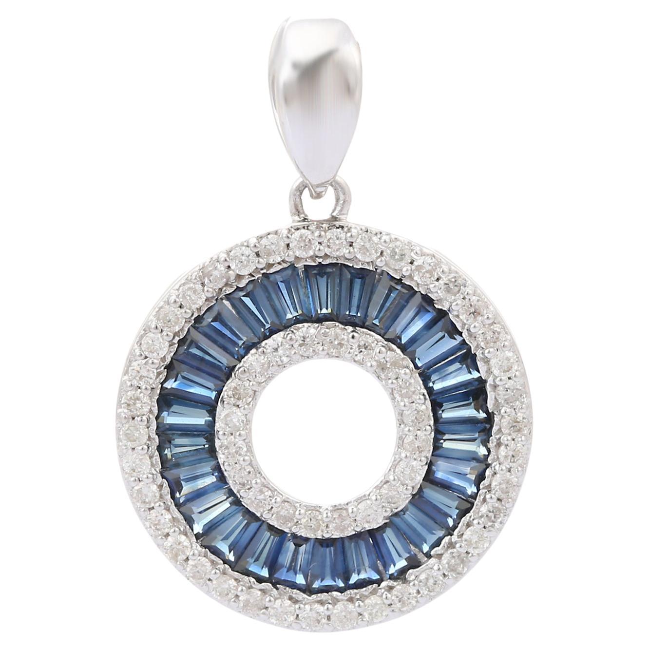 14K Solid White Gold Circle Designer 1.12 Ct Blue Sapphire and Diamond Pendant For Sale