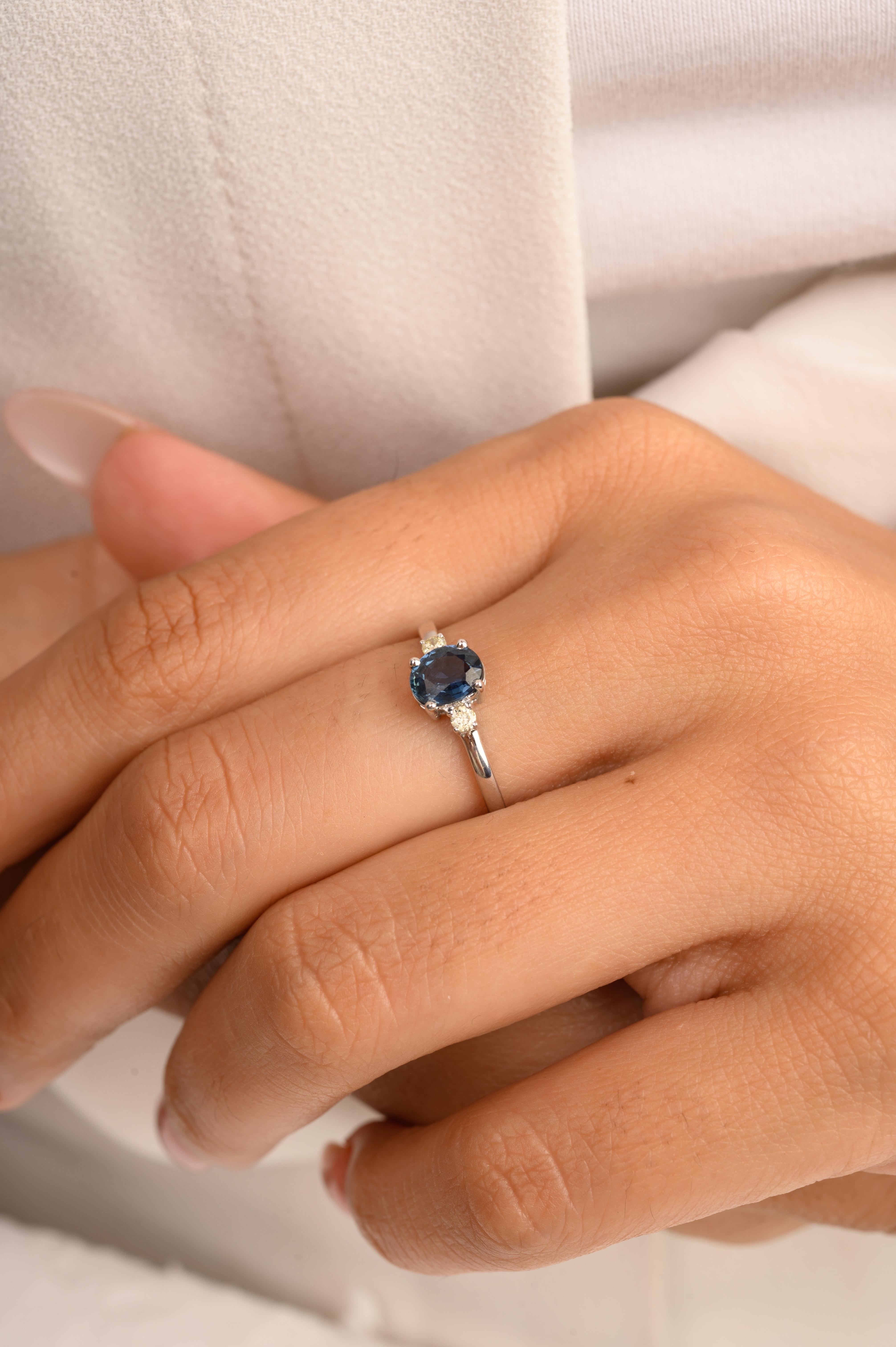 For Sale:  14k Solid White Gold Dainty Blue Sapphire and Diamond Three Stone Ring 2