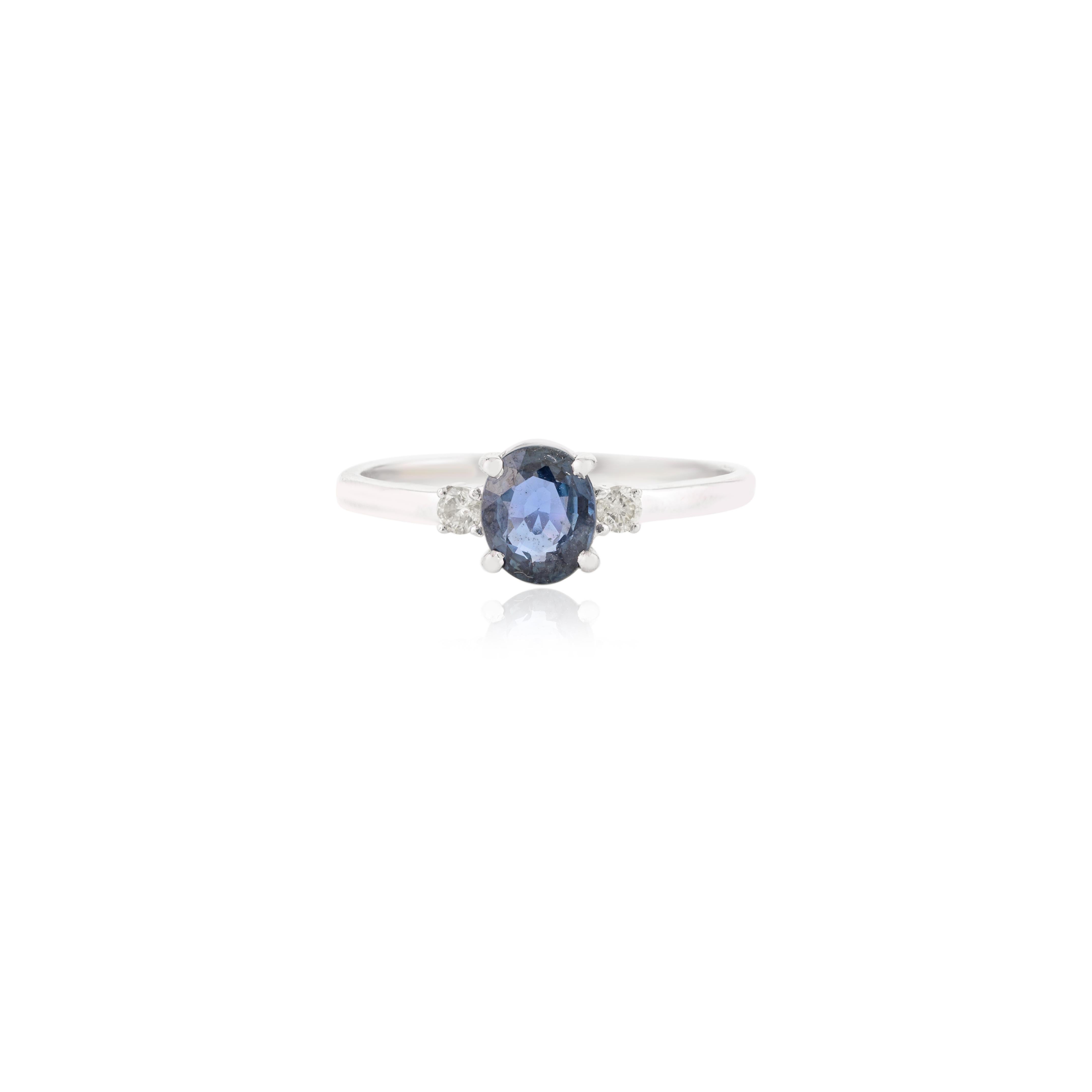 For Sale:  14k Solid White Gold Dainty Blue Sapphire and Diamond Three Stone Ring 3