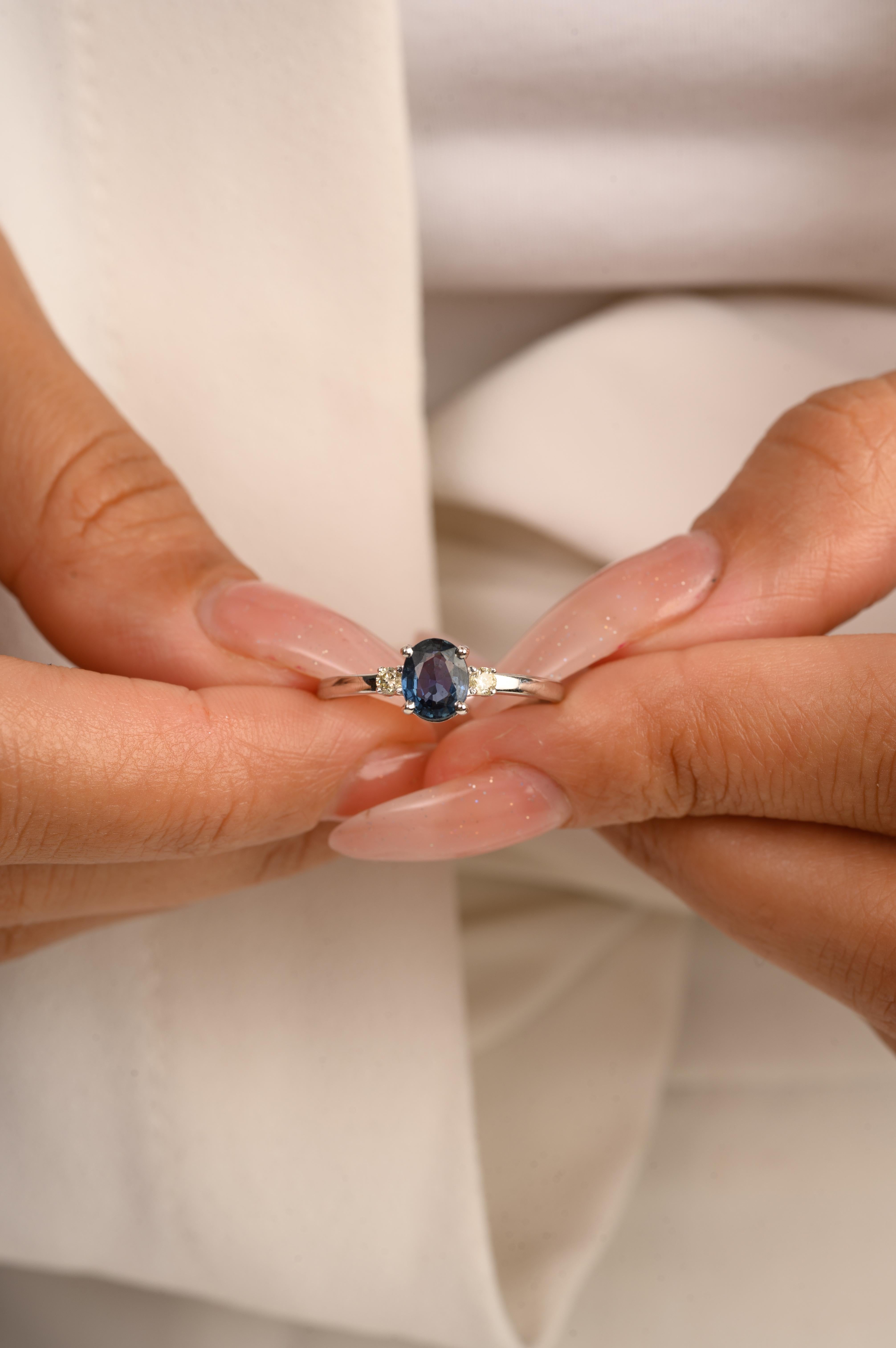 For Sale:  14k Solid White Gold Dainty Blue Sapphire and Diamond Three Stone Ring 4