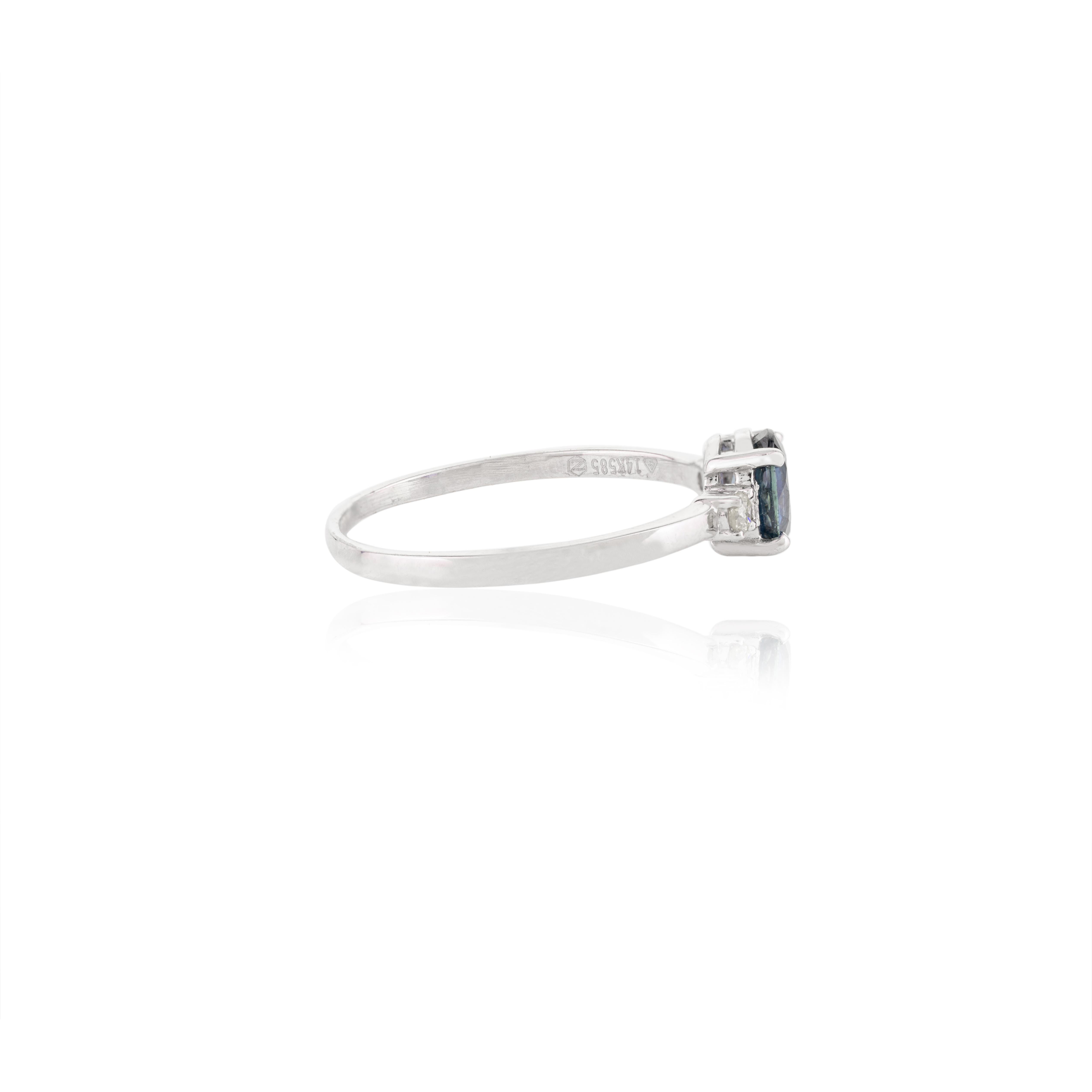 For Sale:  14k Solid White Gold Dainty Blue Sapphire and Diamond Three Stone Ring 5