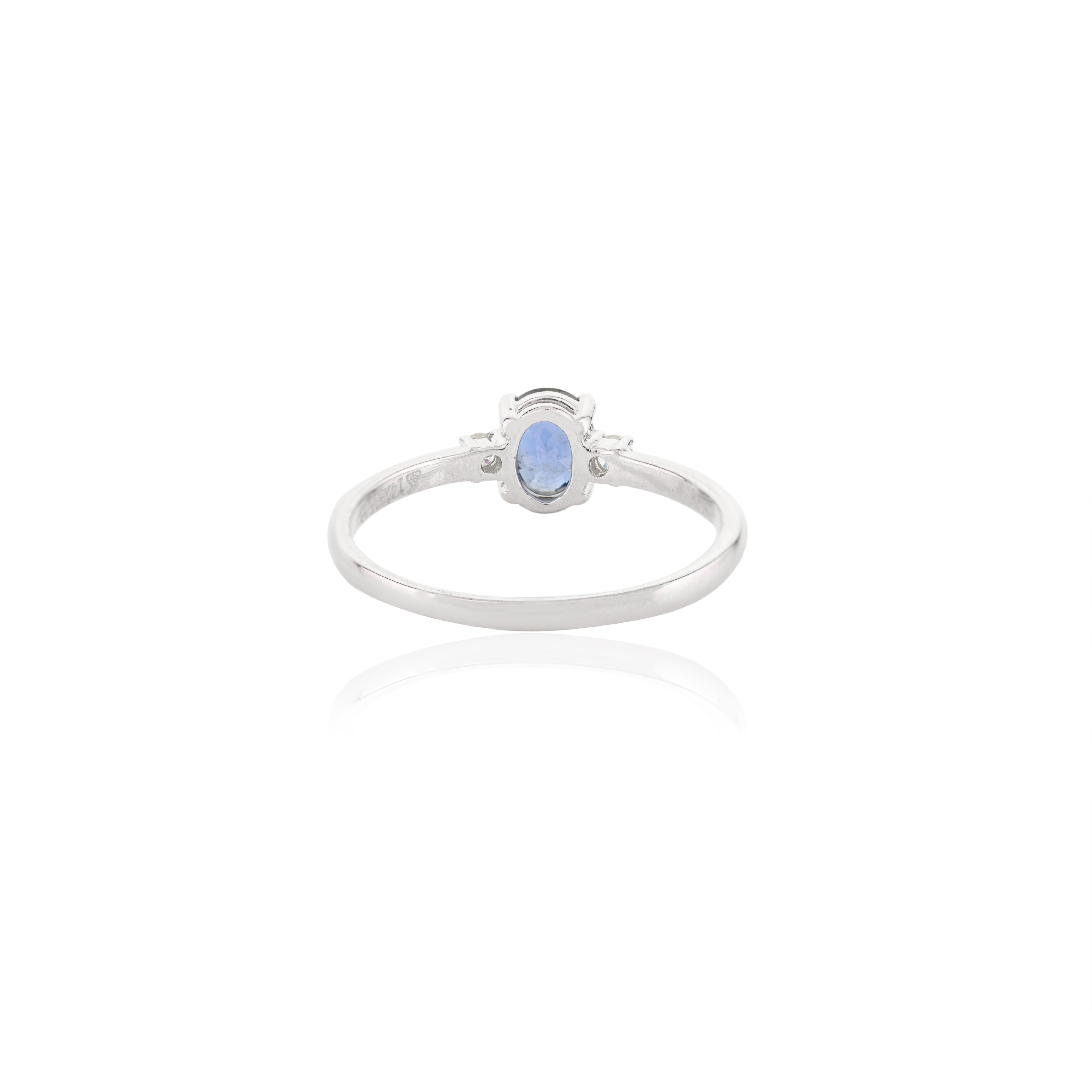 For Sale:  14k Solid White Gold Dainty Blue Sapphire and Diamond Three Stone Ring 6