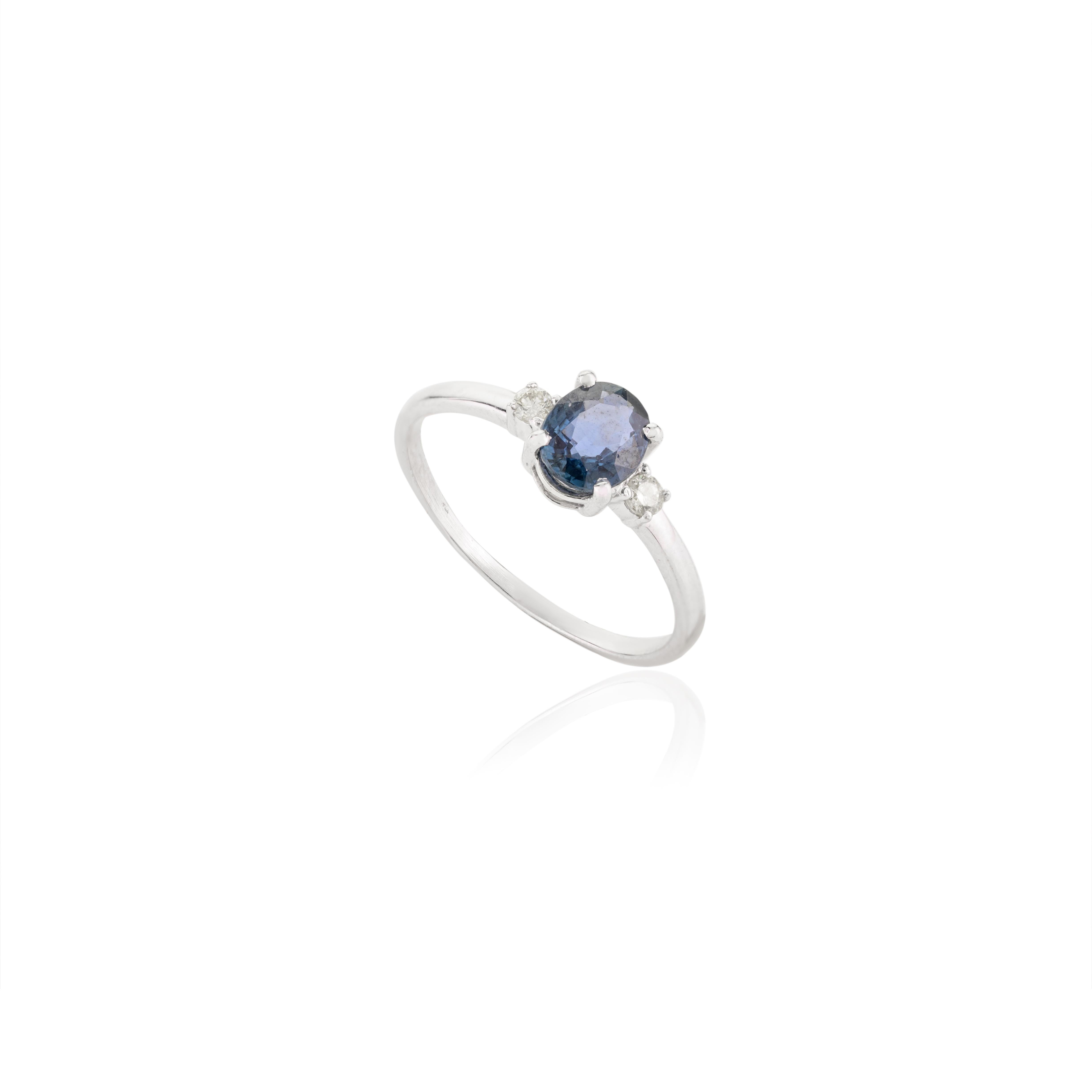 For Sale:  14k Solid White Gold Dainty Blue Sapphire and Diamond Three Stone Ring 7