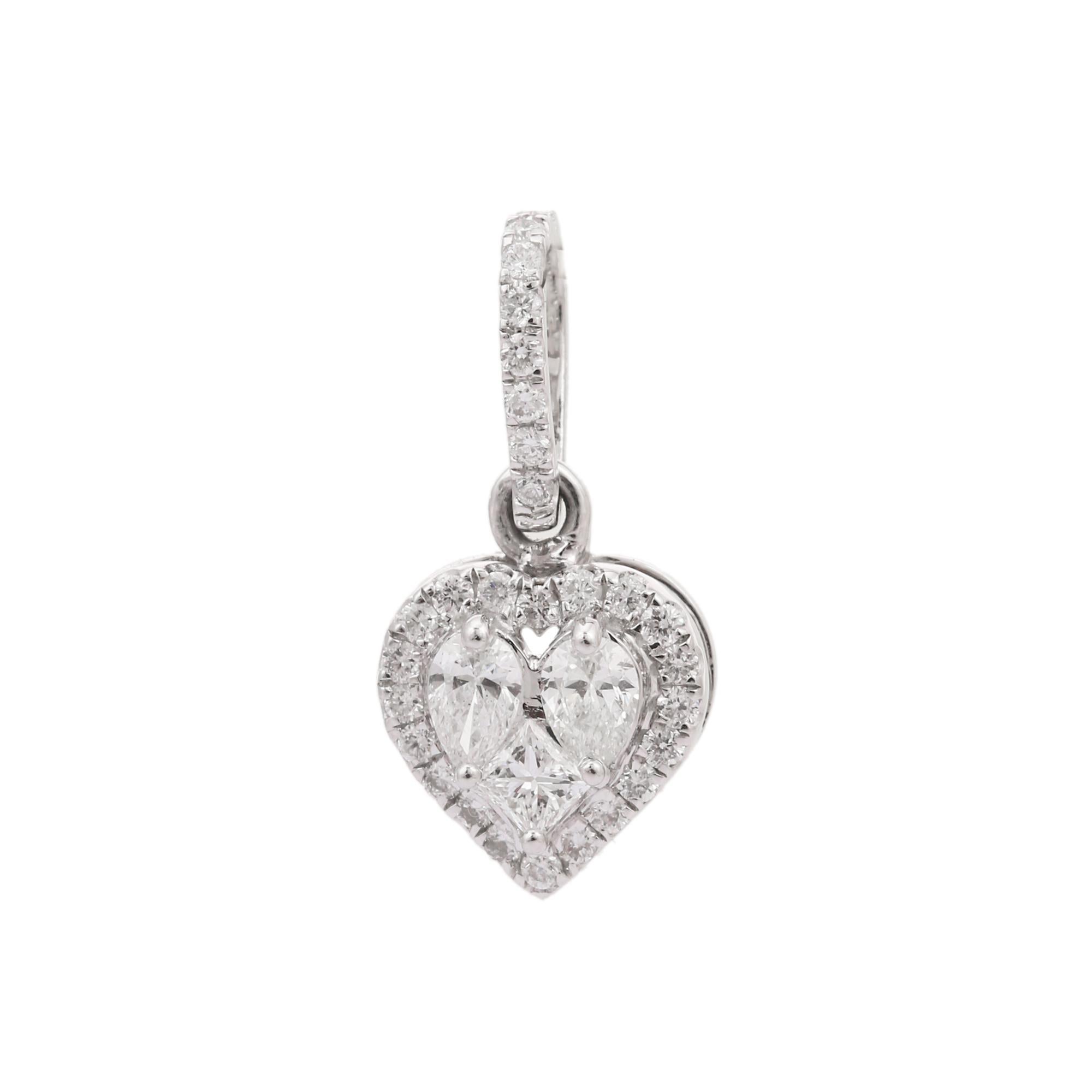 14k Solid White Gold Dainty Diamond Heart Pendant Gift For Her, Christmas Gift In New Condition For Sale In Houston, TX