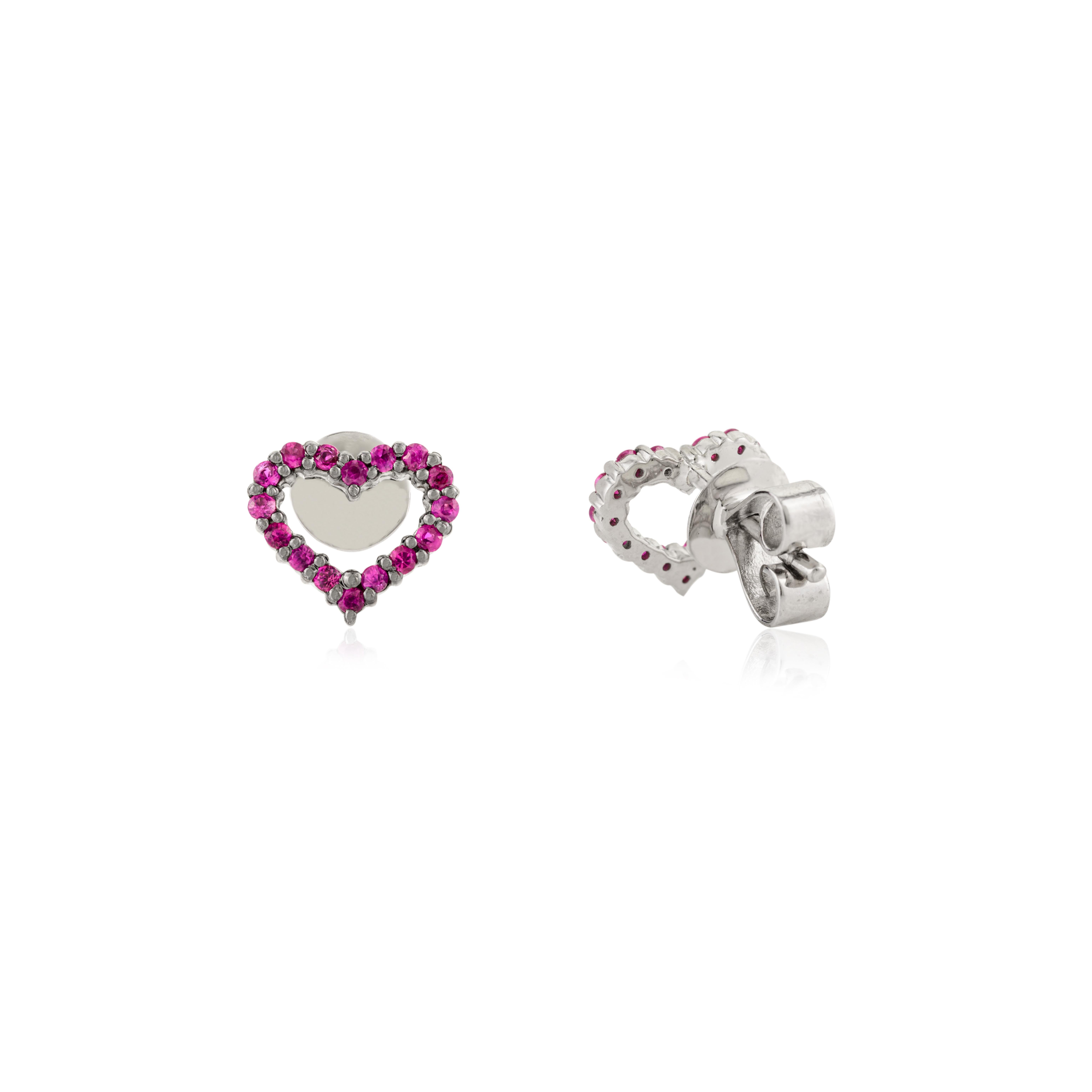 14k Solid White Gold Dainty Heart Shaped Natural Ruby Stud Earrings Gift For Her For Sale 1