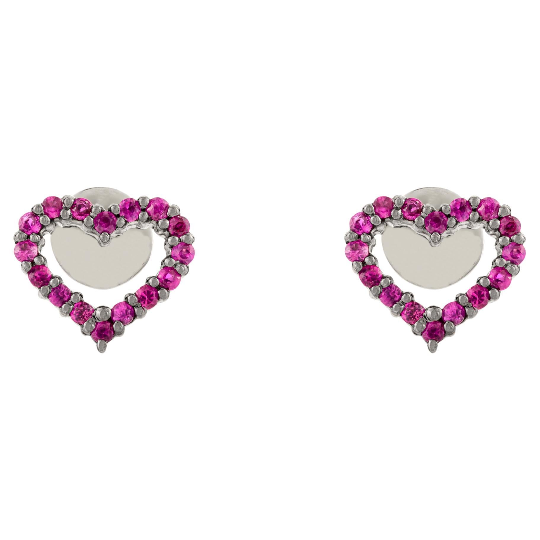 14k Solid White Gold Dainty Heart Shaped Natural Ruby Stud Earrings Gift For Her For Sale