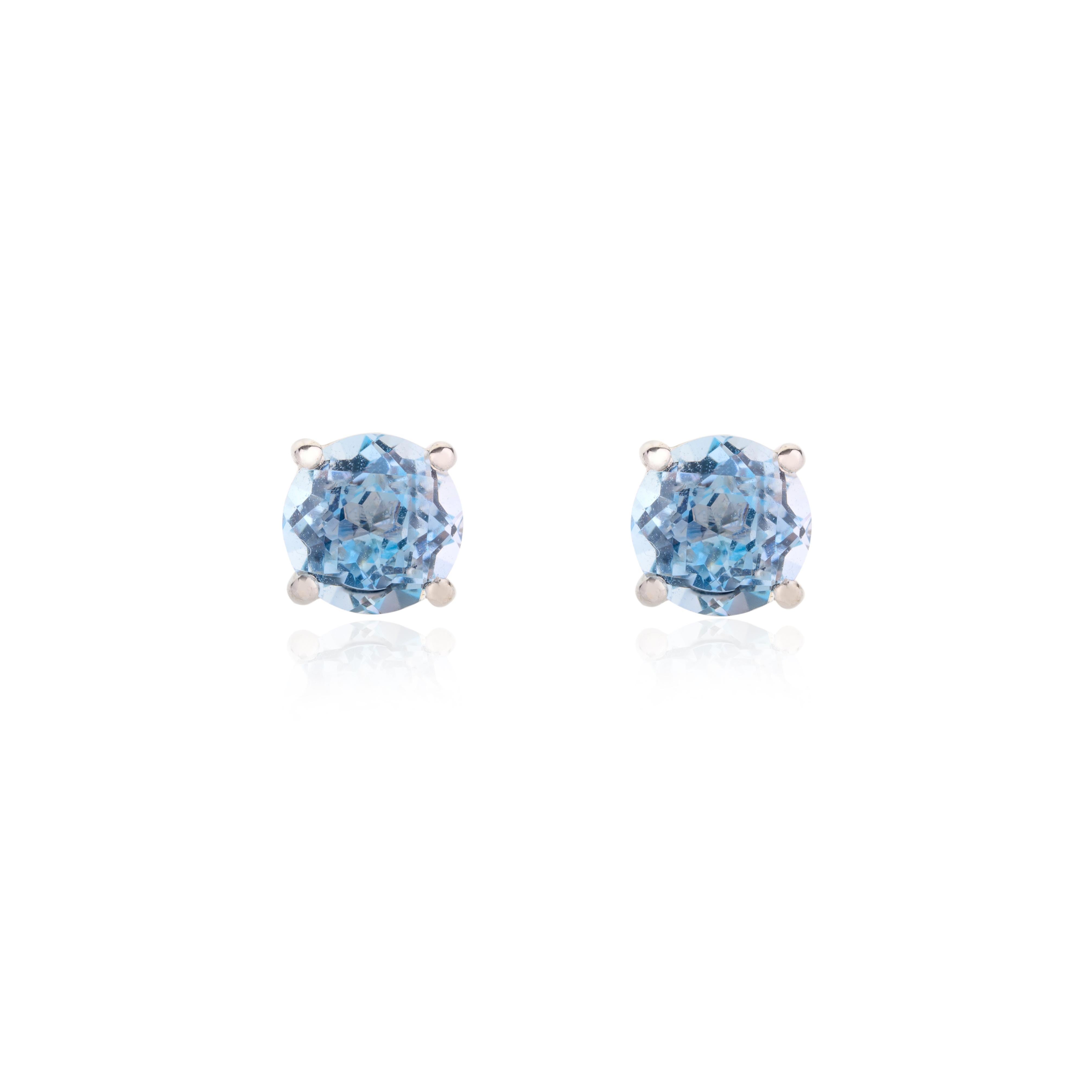 Round Cut Enchanting 14k Solid White Gold Dainty Round Blue Topaz Stud Earrings