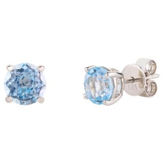 Enchanting 14k Solid White Gold Dainty Round Blue Topaz Stud Earrings