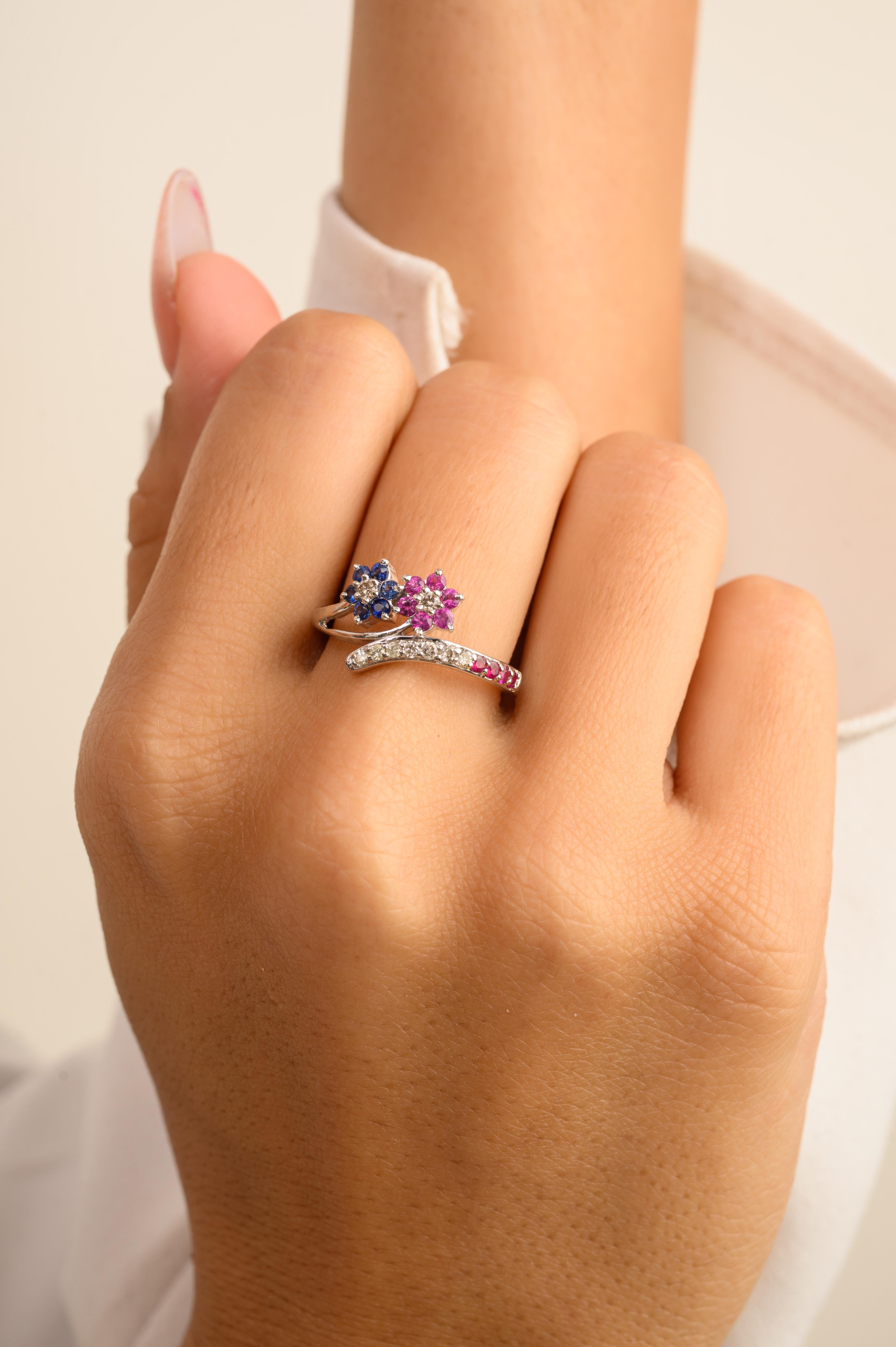 For Sale:  14k Solid White Gold Designer Blue Sapphire Ruby Wedding Ring for Women 2