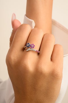 14k Solid White Gold Designer Blue Sapphire Ruby Wedding Ring for Women