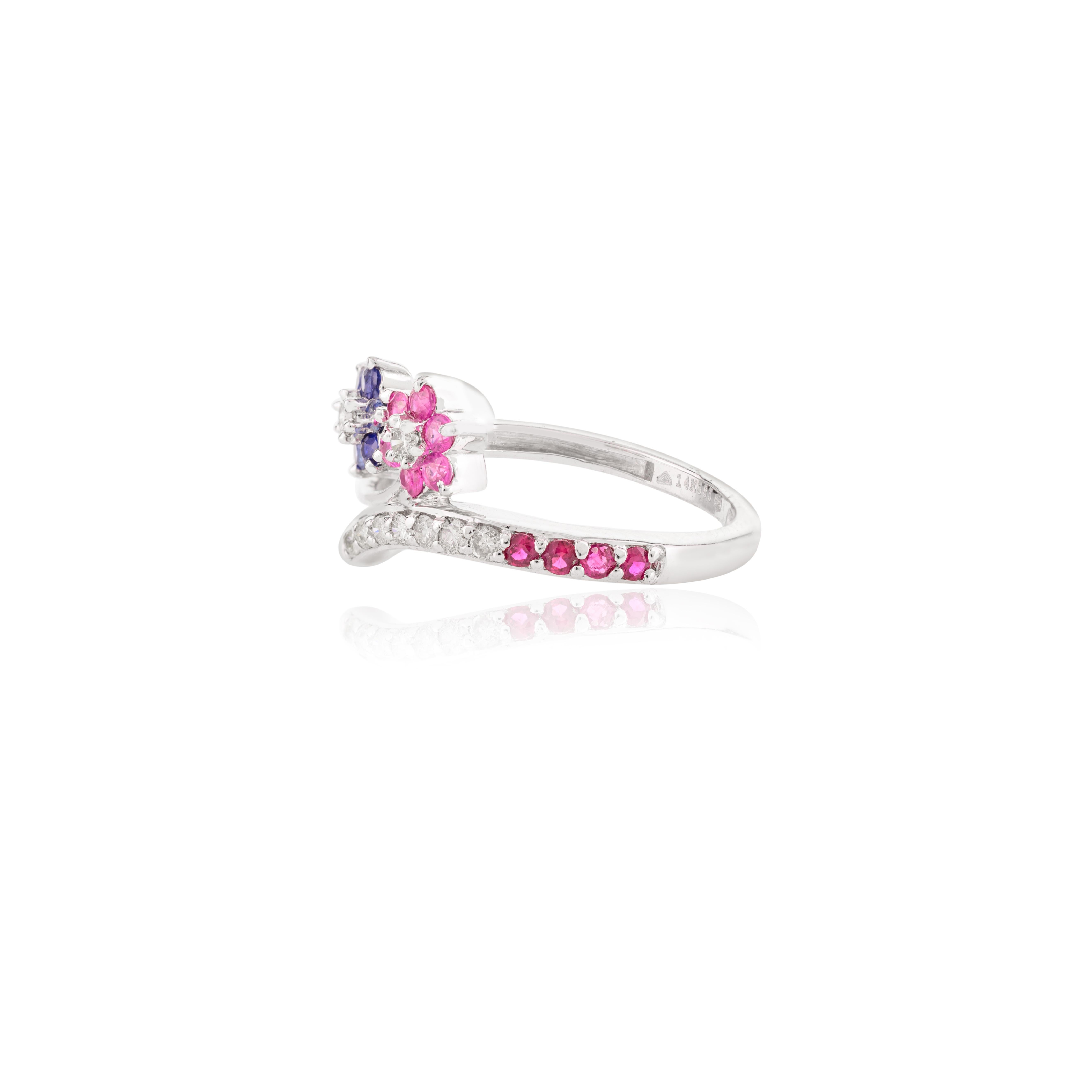 For Sale:  14k Solid White Gold Designer Blue Sapphire Ruby Wedding Ring for Women 4