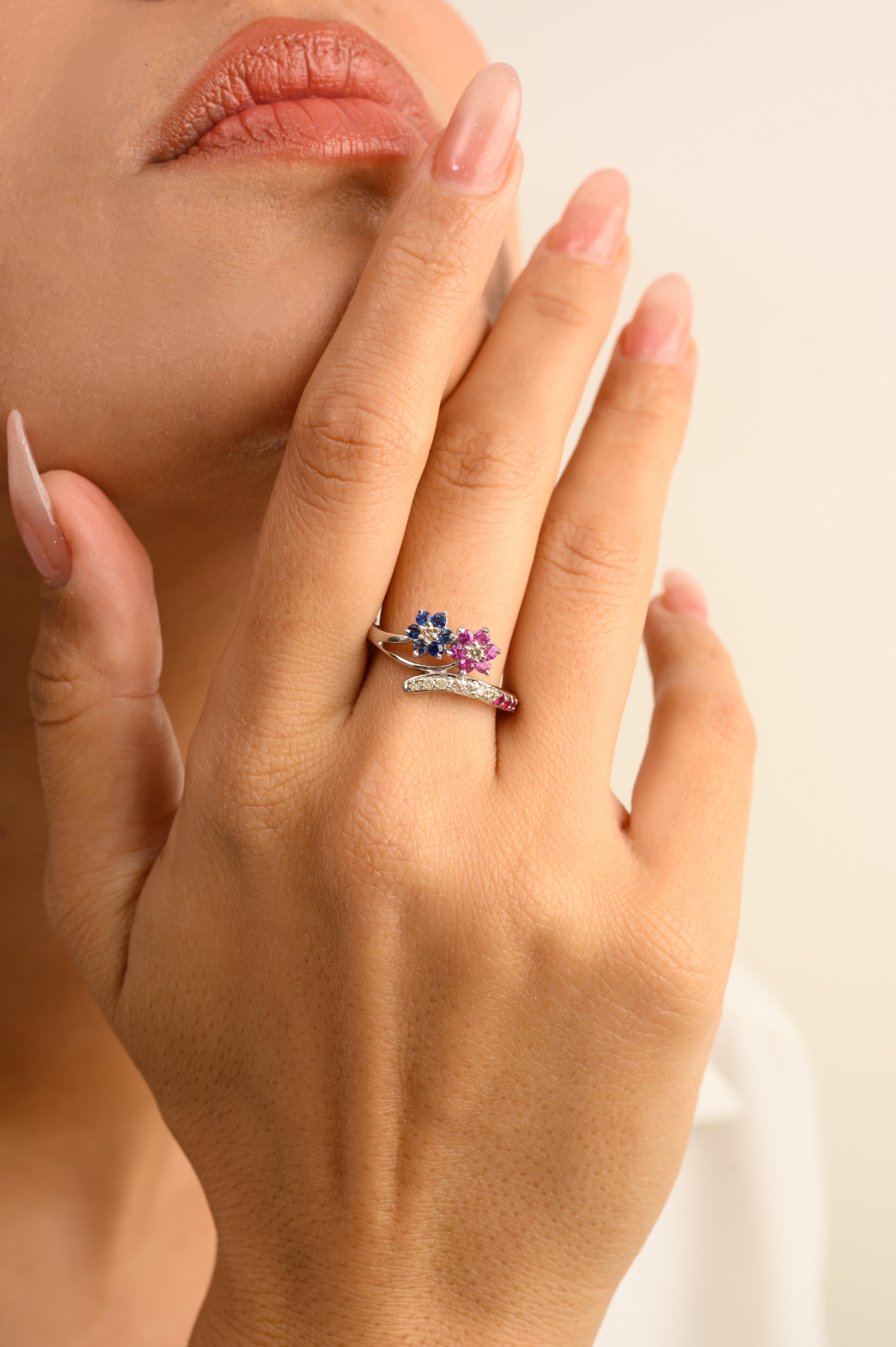 For Sale:  14k Solid White Gold Designer Blue Sapphire Ruby Wedding Ring for Women 5