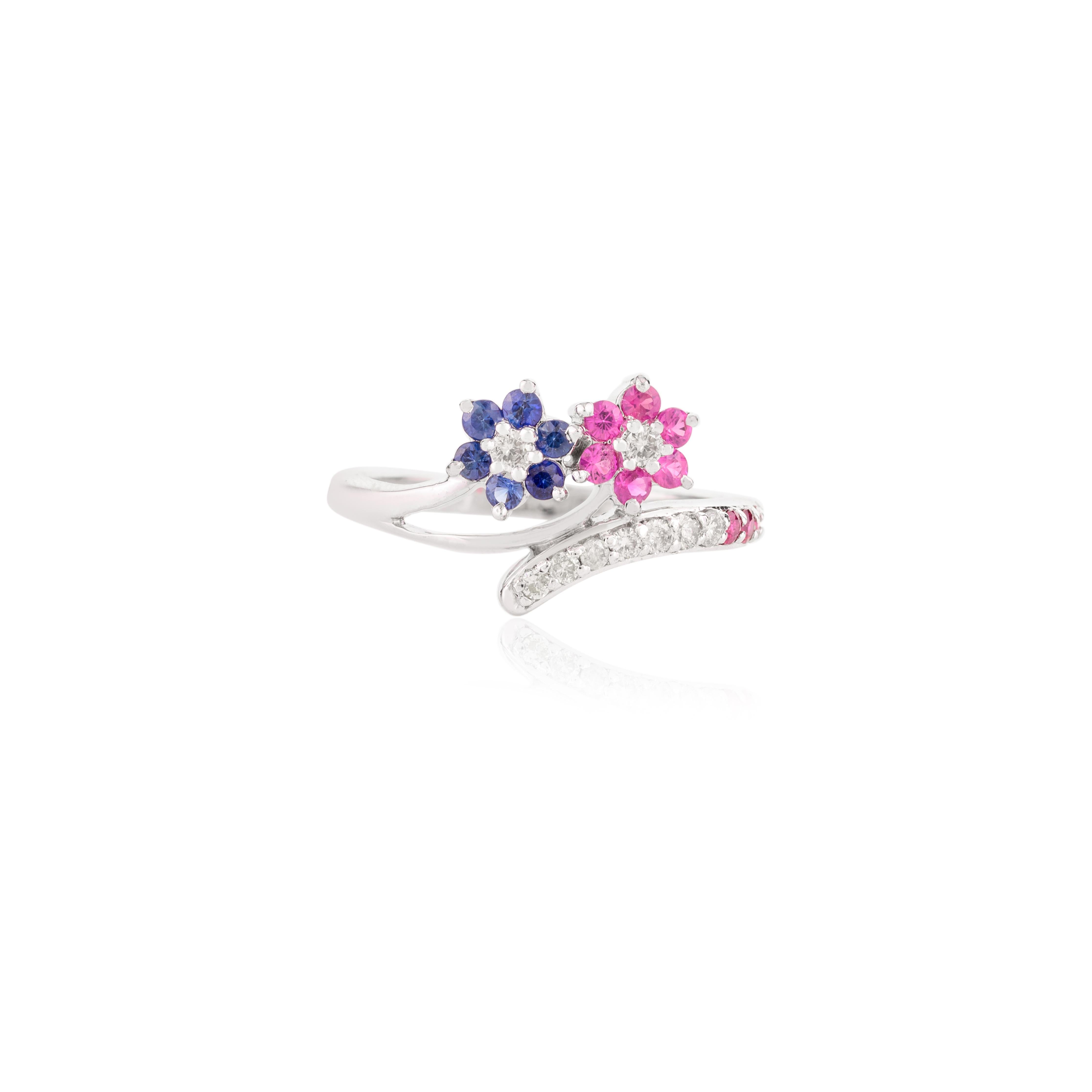 For Sale:  14k Solid White Gold Designer Blue Sapphire Ruby Wedding Ring for Women 7