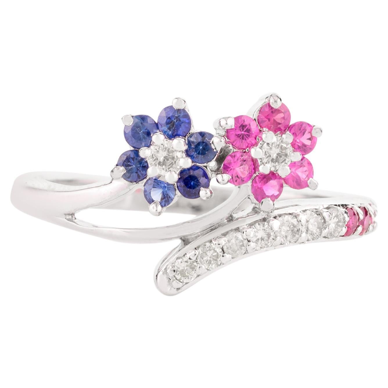 14k Solid White Gold Designer Blue Sapphire Ruby Wedding Ring for Women