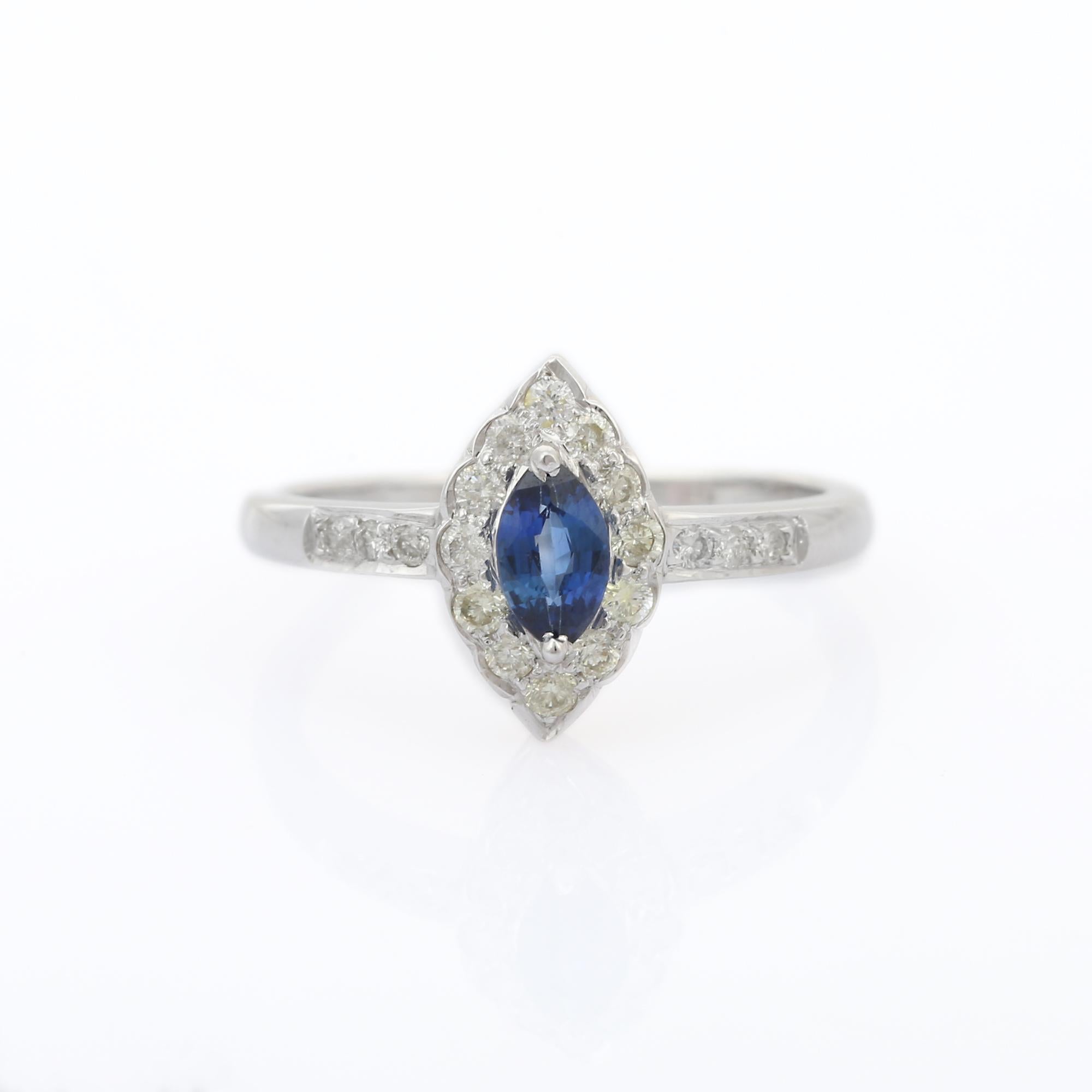 For Sale:  Solid 14K White Gold Marquise Blue Sapphire and Halo Diamond Engagement Ring 2