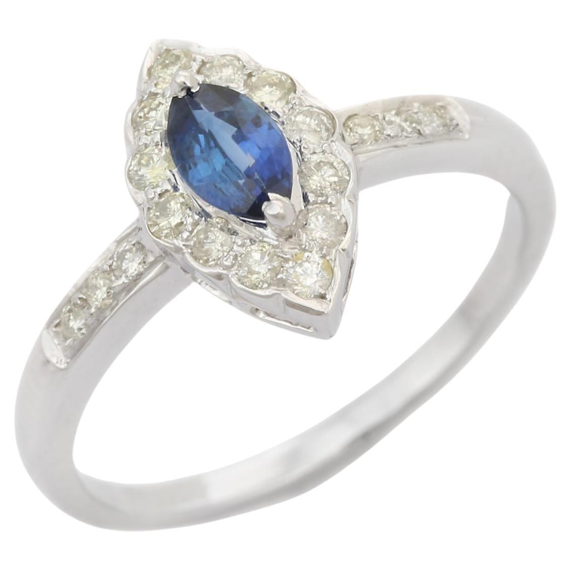 Solid 14K White Gold Marquise Blue Sapphire and Halo Diamond Engagement Ring