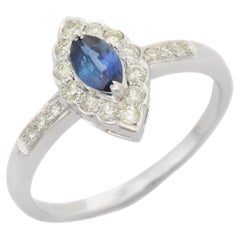 Solid 14K White Gold Marquise Blue Sapphire and Halo Diamond Engagement Ring