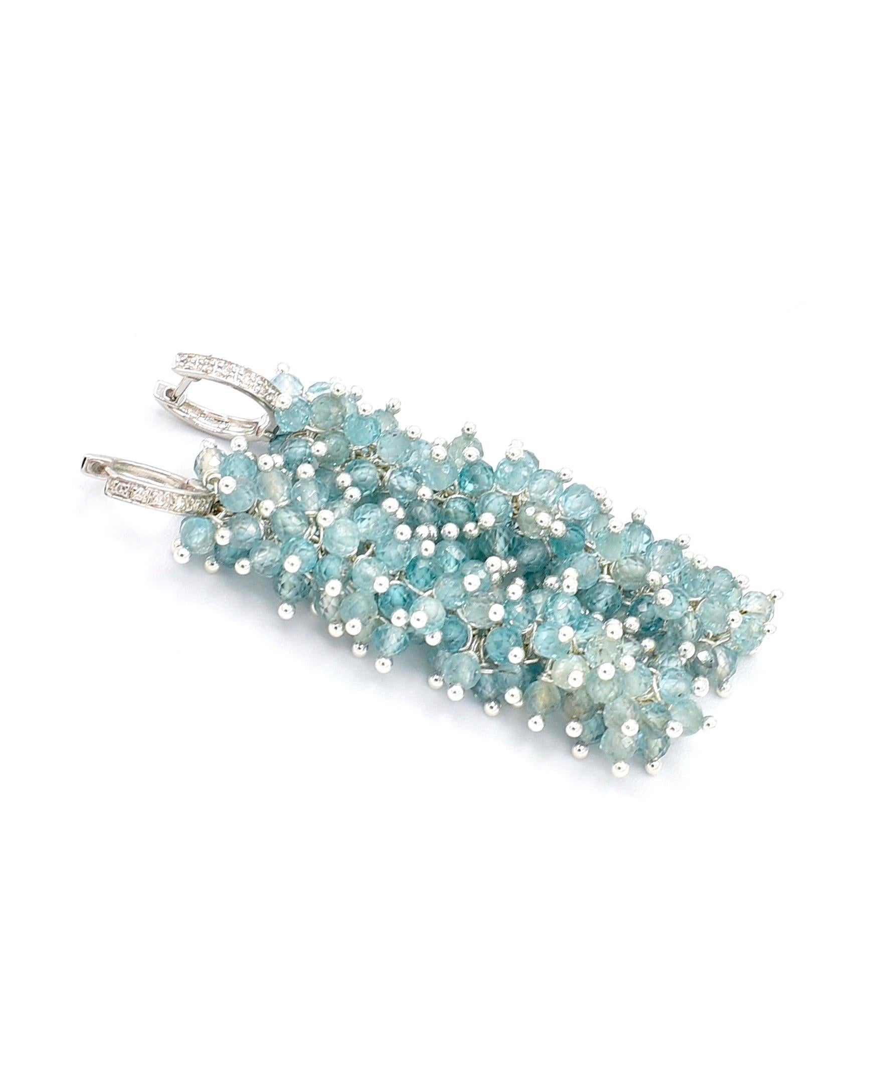 Women's 14k Solid White Gold Diamond Earrings with Blue Zircon Beads