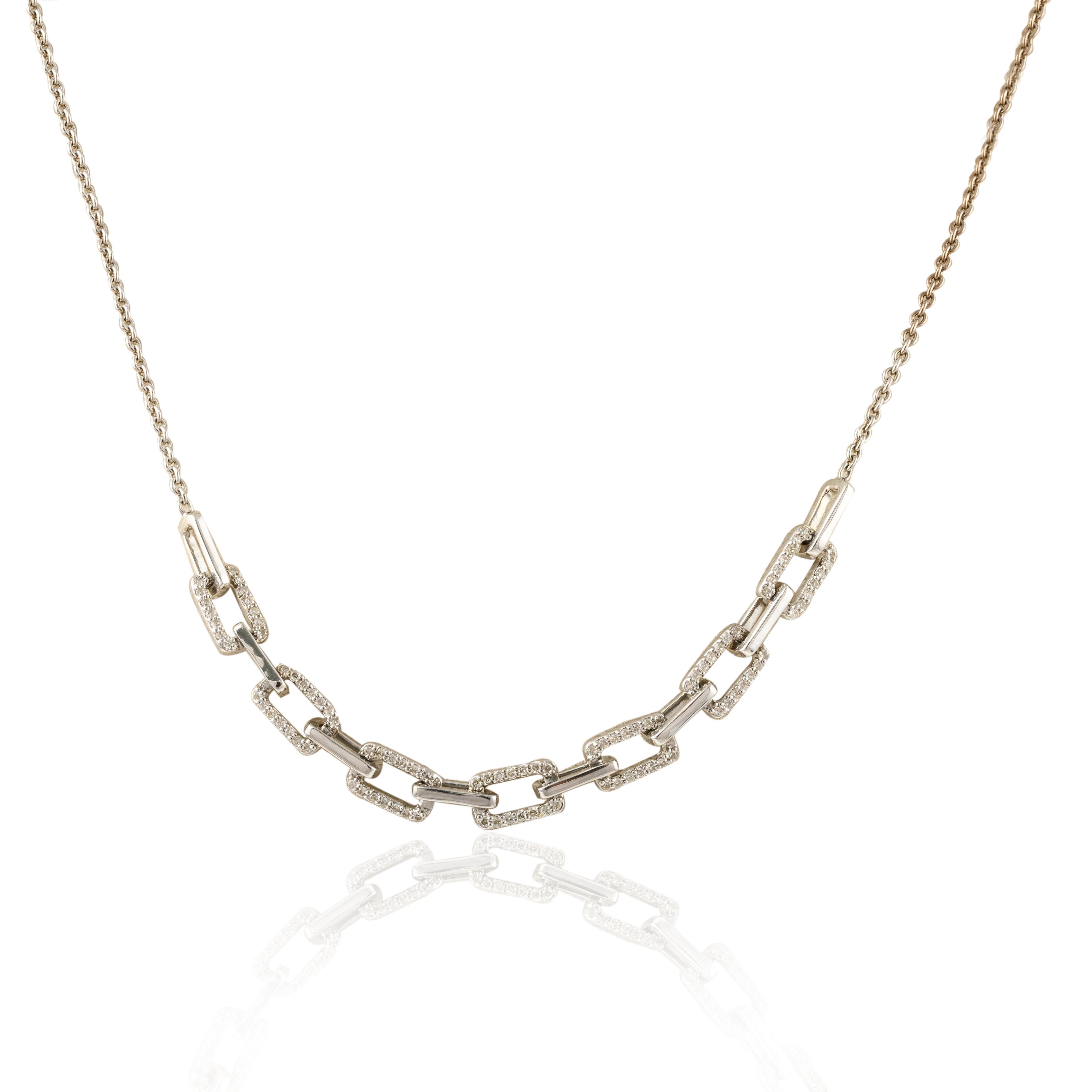 Modern 14k Solid White Gold Diamond Paperclip Necklace, Daughter Gift Christmas For Sale