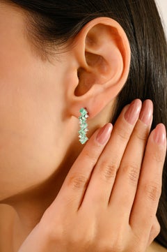 14k Solid White Gold Emerald & Diamond Vertical Bar Stud Earrings Fine Jewelry