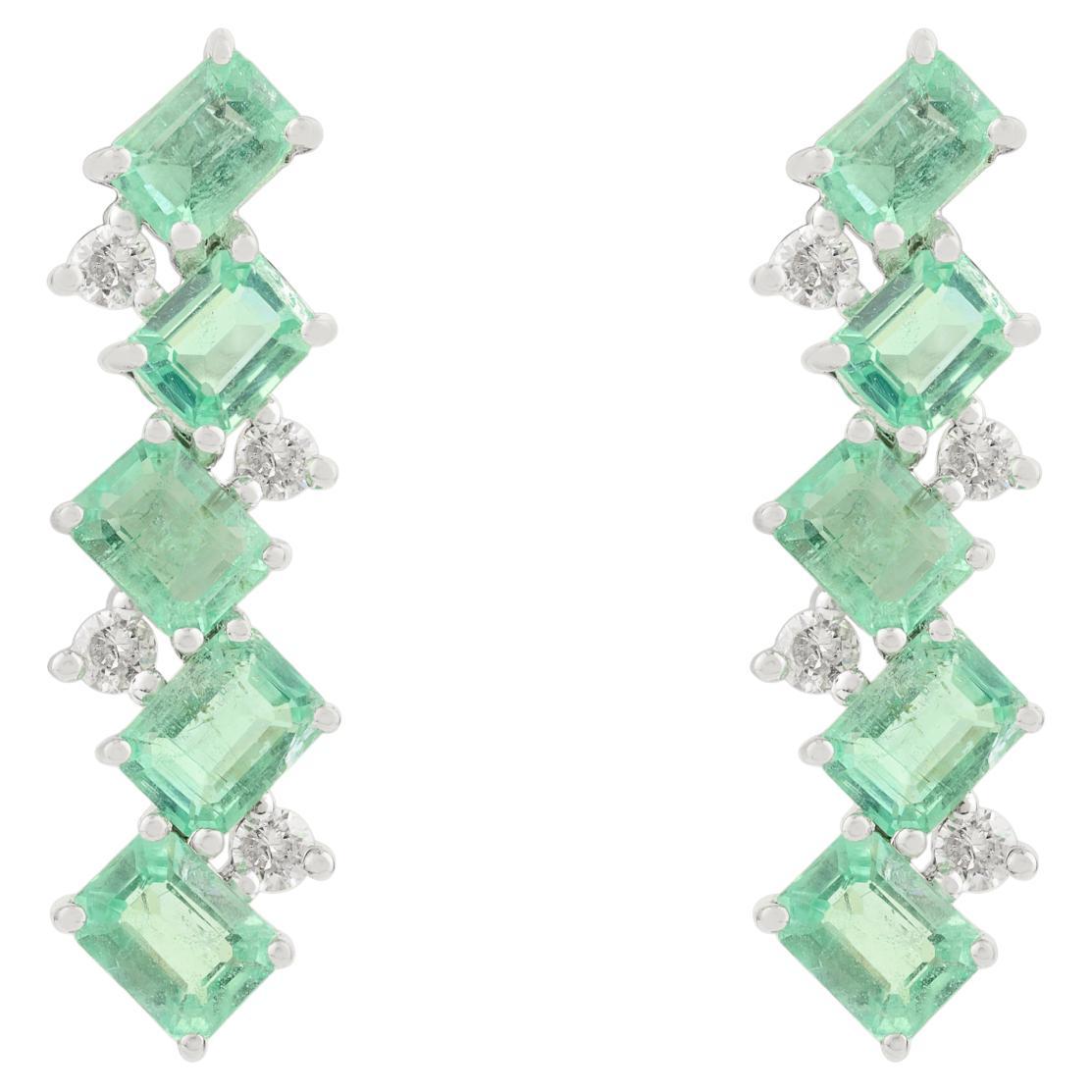 Pendientes de oro blanco macizo de 14 quilates con esmeralda y barra vertical de diamantes Joyería fina