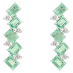 14k Solid White Gold Emerald & Diamond Vertical Bar Stud Earrings Fine Jewelry