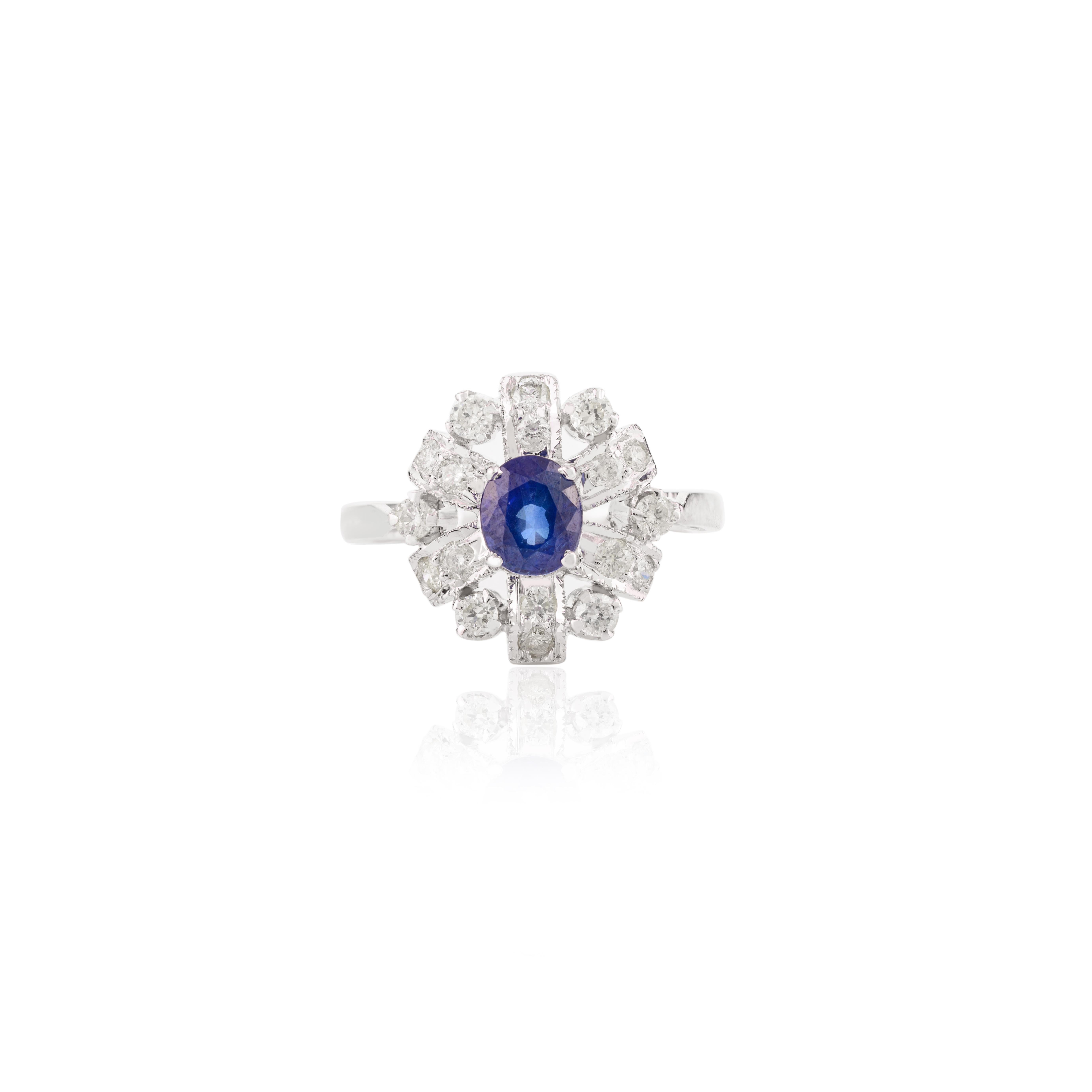 En vente :  Bague cadeau pour femmes en or blanc massif 14 carats avec halo de fleurs et saphirs bleus 8