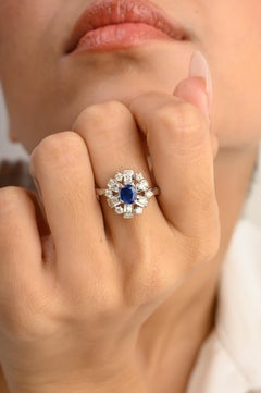 14k Solid White Gold Floral Halo Diamond and Blue Sapphire Ring Gift for Women