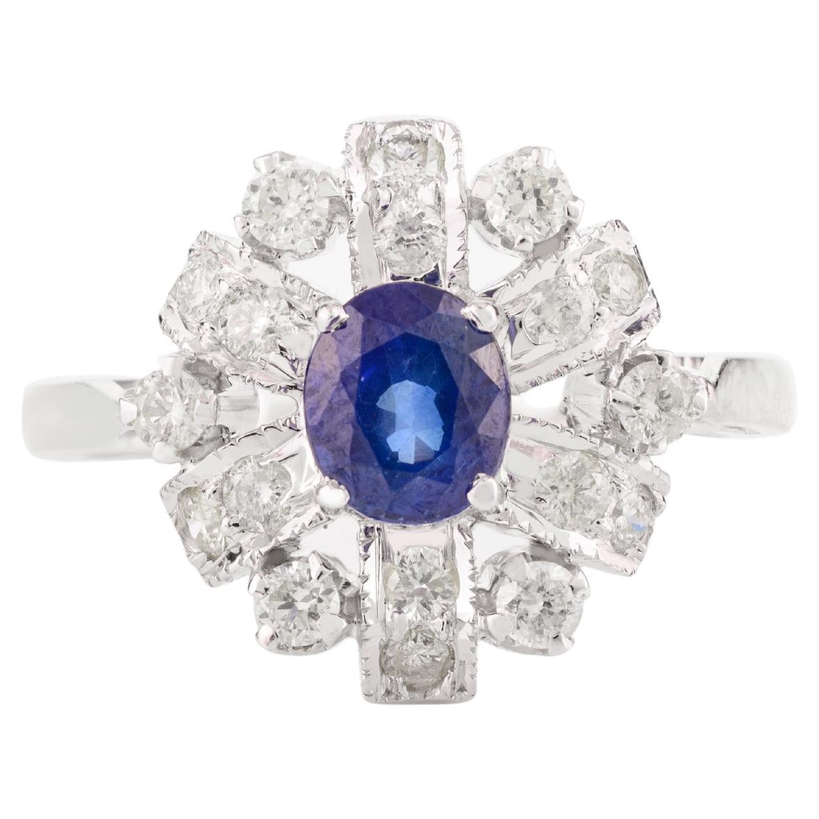 14k Solid White Gold Floral Halo Diamond and Blue Sapphire Ring Gift for Women