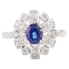 14k Massiv-Weißgold Ring mit Blumen-Halo-Diamant und blauem Saphir, Geschenk für Damen