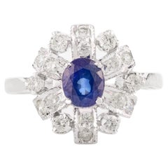 14k Solid White Gold Floral Halo Diamond and Blue Sapphire Ring Gift for Women