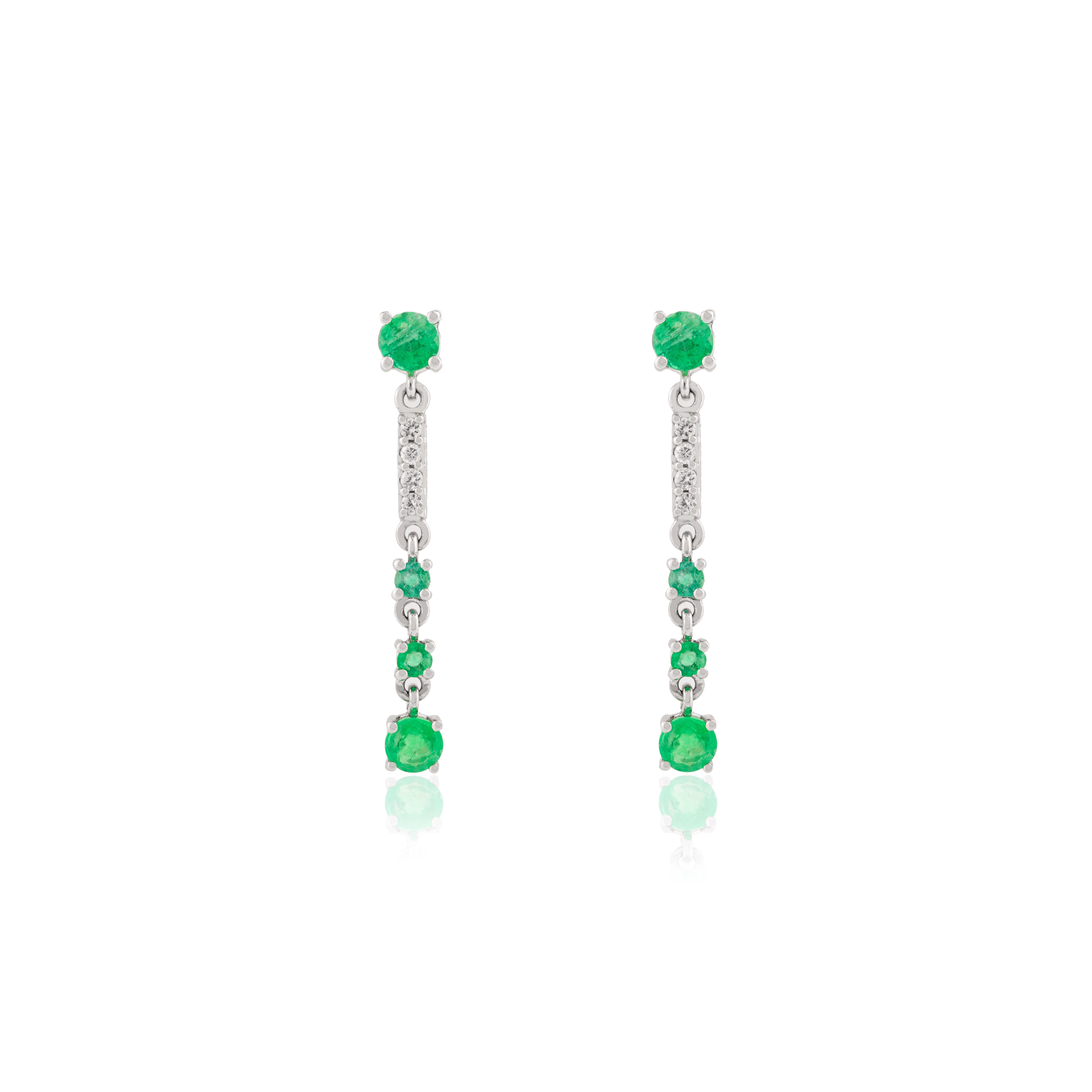 Art Deco 14k Solid White Gold Genuine Emerald Natural Diamonds Long Dangle Earrings For Sale