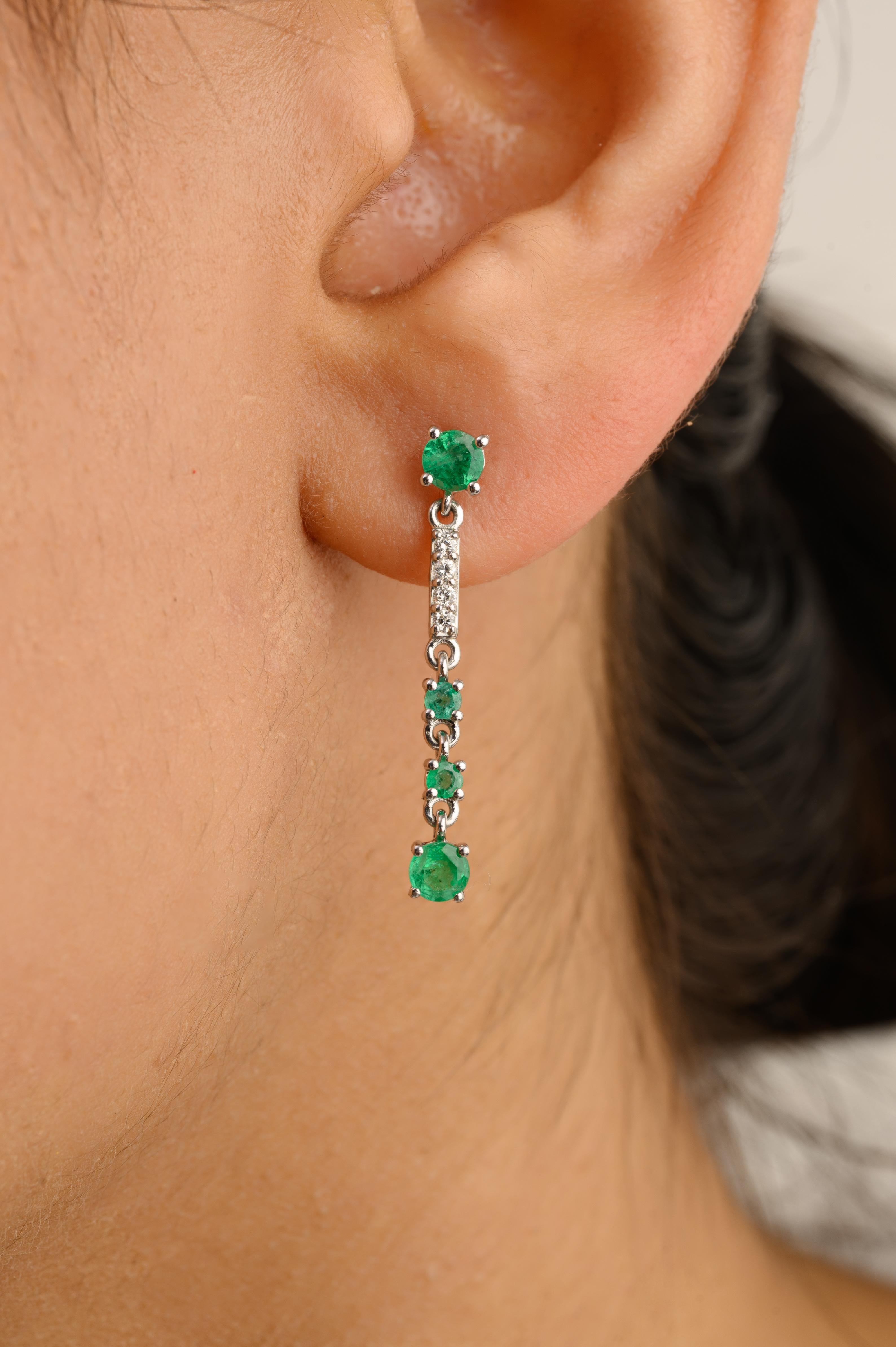 Round Cut 14k Solid White Gold Genuine Emerald Natural Diamonds Long Dangle Earrings For Sale