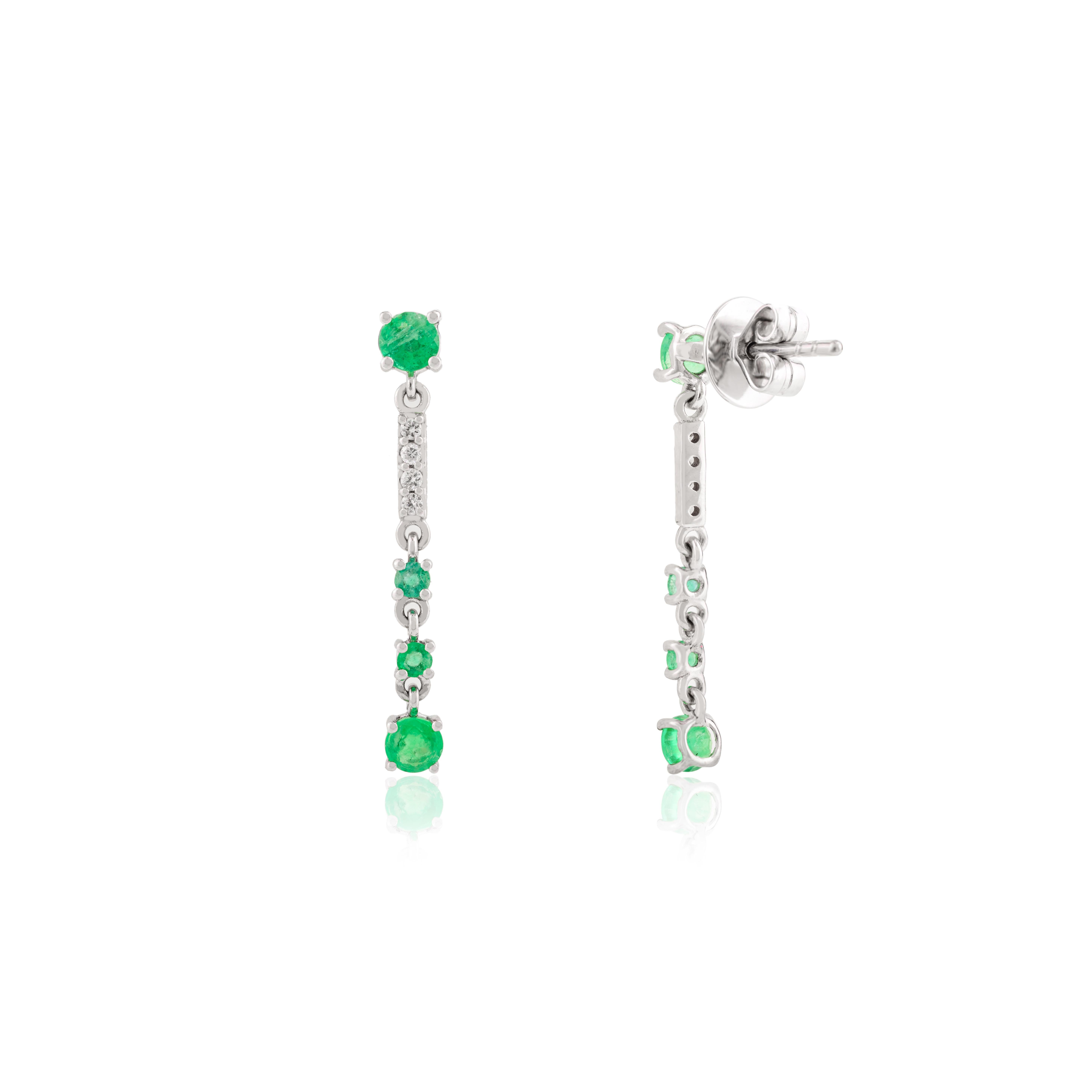 Women's 14k Solid White Gold Genuine Emerald Natural Diamonds Long Dangle Earrings For Sale