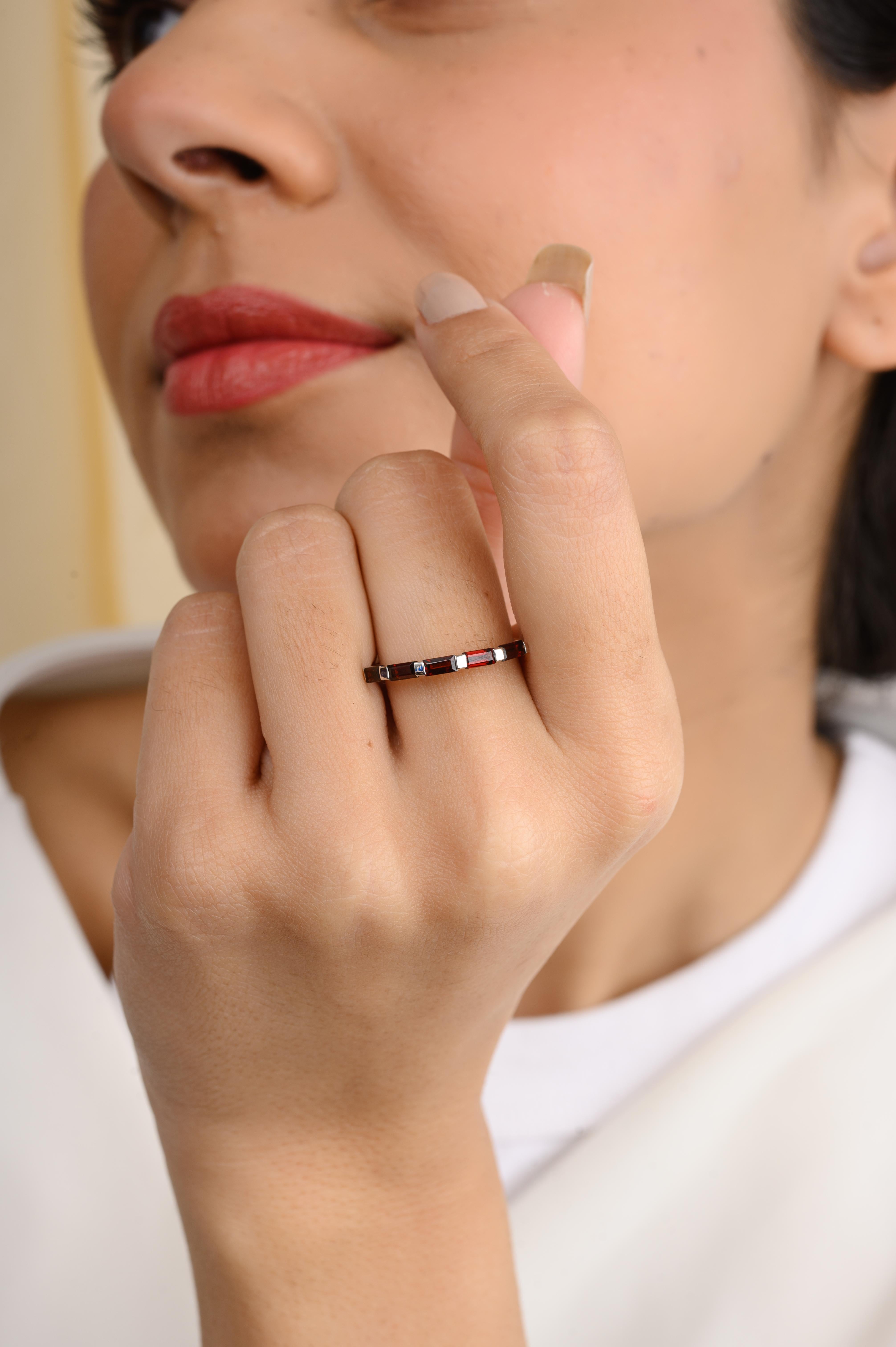 For Sale:  14k Solid White Gold Half Eternity Stackable Garnet Band Ring Gift for Her 2