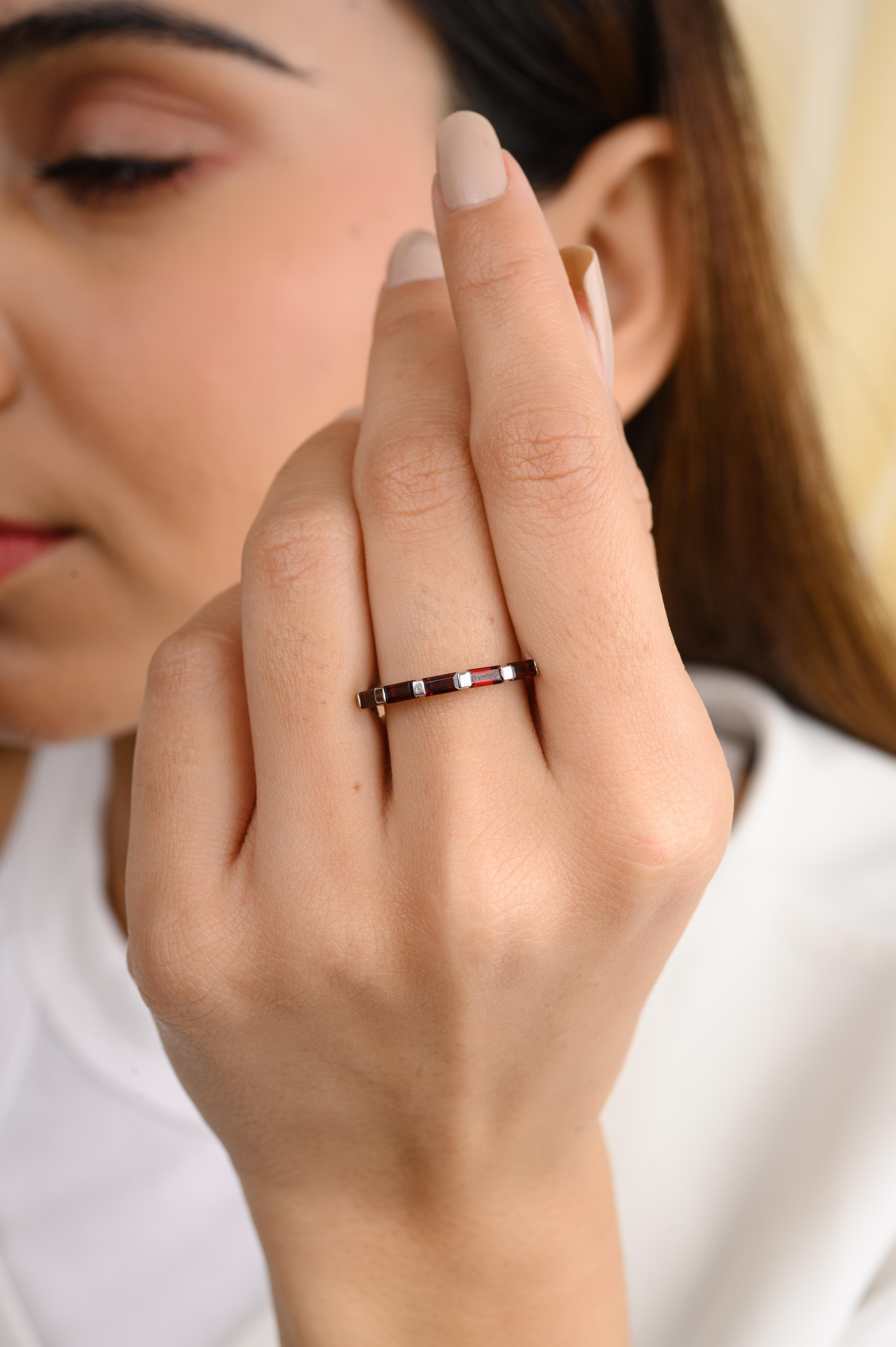For Sale:  14k Solid White Gold Half Eternity Stackable Garnet Band Ring Gift for Her 6