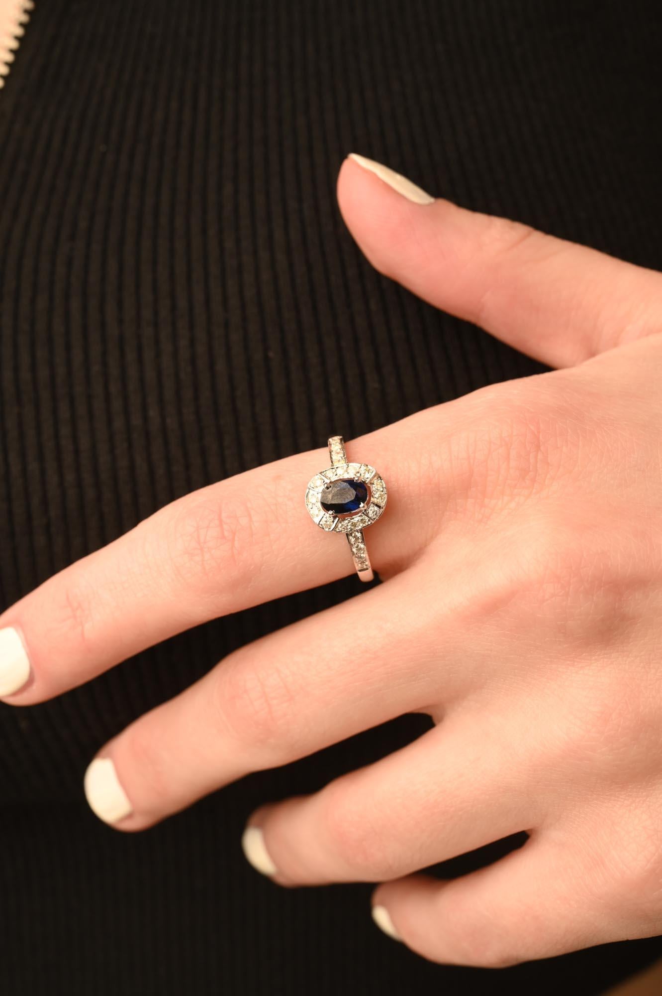 For Sale:  Simple 14K Solid White Gold Halo Diamond and Blue Sapphire Women Engagement Ring 10